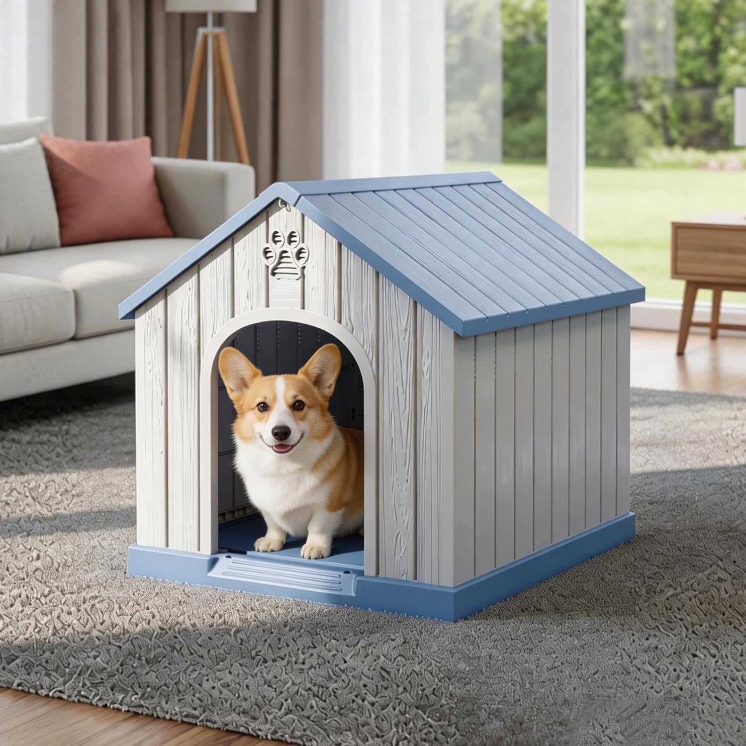VIXZEN Dog House Indoor Outdoor, Resin Dog House, Sturdy Durable with Raised Floor & Hidden Vents, Easy to Assemble, Great Value Kennel for Indoor & Outdoor Use, Cozy Dog Den(Blue)