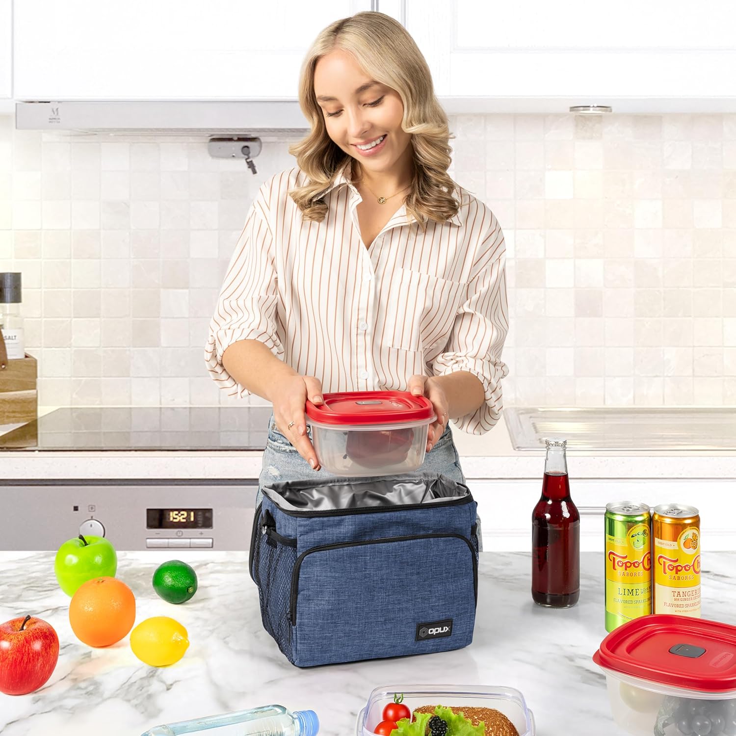 opux Insulated Lunch Bag for Men Women, Soft Lunch Box for Office Work School Picnic, Leakproof Lunch Cooler Bag with Shoulder Strap for Kid Adult Boy Girl, Medium Lunchbox Lunch Tote (Heather Navy) - Image 3