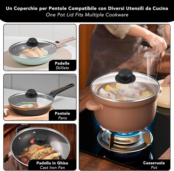 IPEA Coperchio per Padella o Pentola in Vetro Temperato - 16/18 / 20/22 / 24/26 / 28/30 cm - Trasparente Rotondo Universale con Pomello per Pentole e Cucina - Lavabile Lavastoviglie - 16 CM - 3