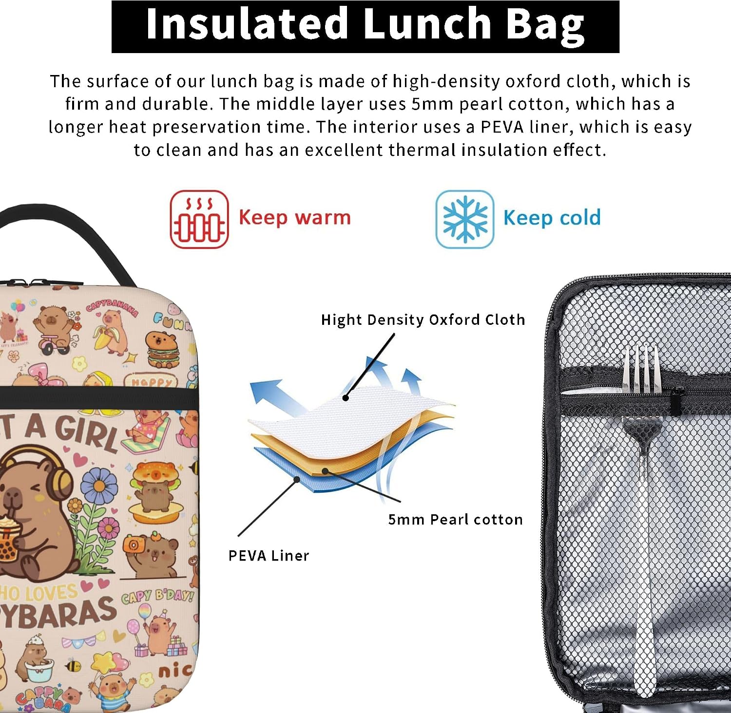Capybara Insulated Lunch Bag, Reusable High Capacity Thermal Tote, Leakproof Cooler Bag for Girls Kids Adults, Capybara Gift for Girls, School Work Travel Picnic, Back to School (Capybara A)