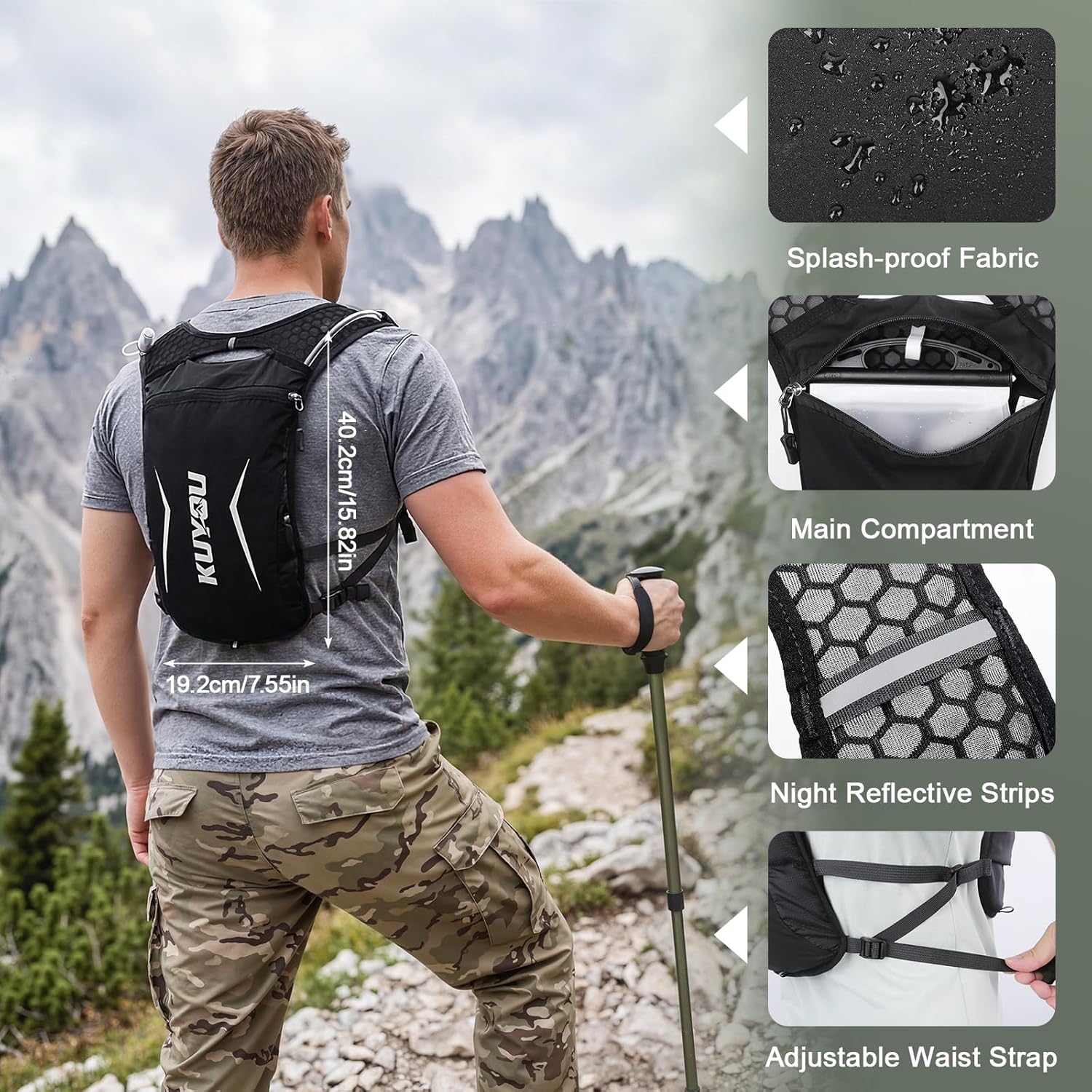 KUYOU Running Vest for Women Men, Lightweight Hydration Backpack with 2L Water Bladder, Adjustable Chest Straps Water Backpack for Trail Running Hiking Cycling Marathon