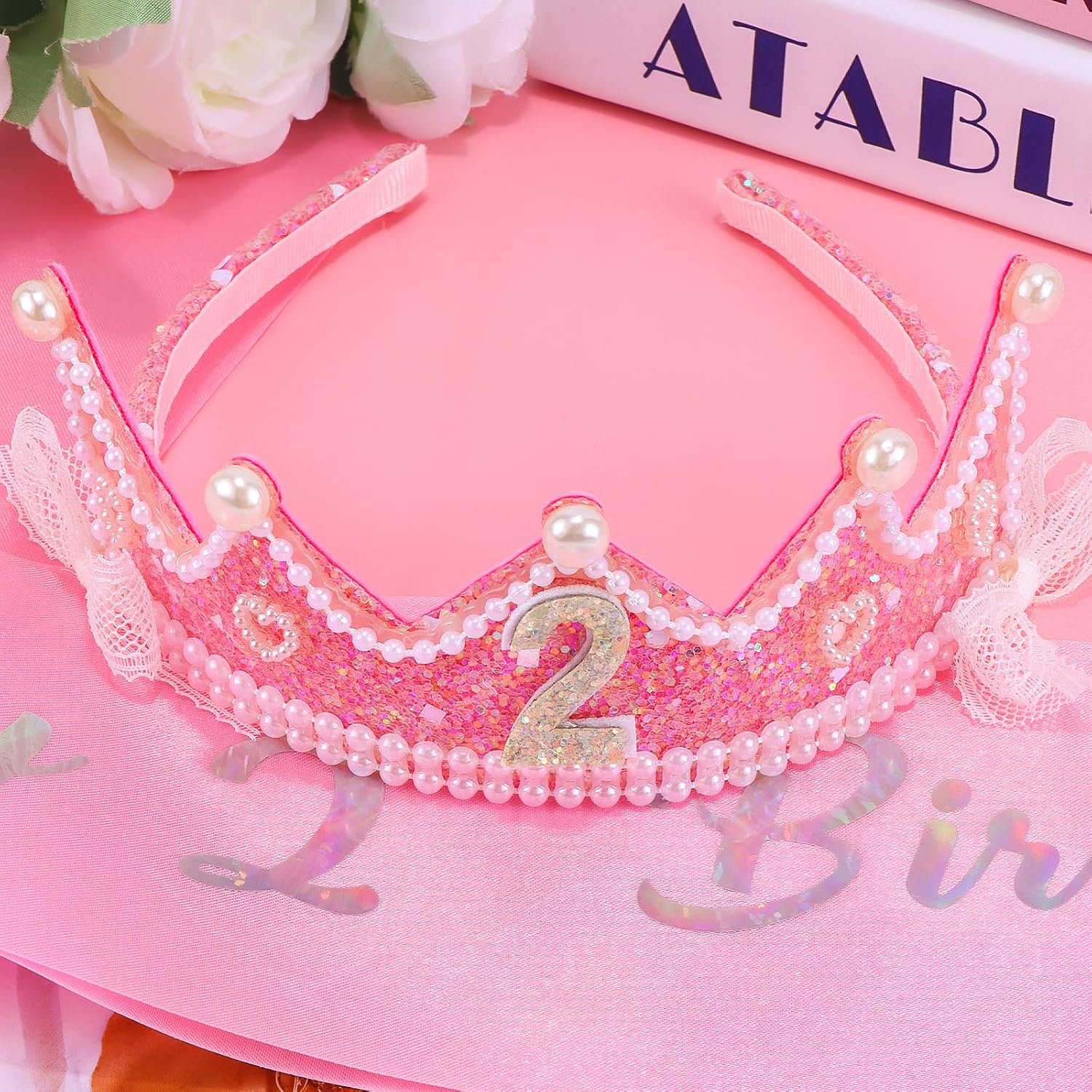 Chanaco 2 Year Old Girl Birthday Gift 2nd Birthday Decorations Outfit for Girl Pink Princess Crown and Sash Cute Pearl Tiara Headband Party Accessories