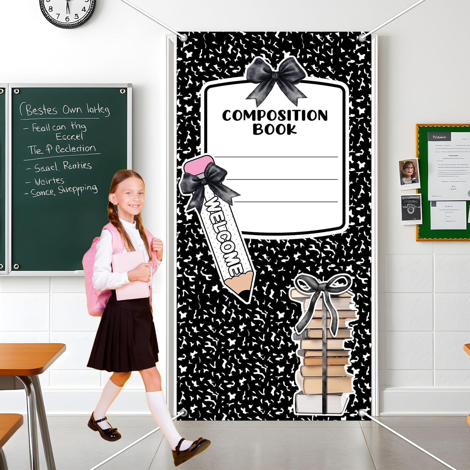 Cuaderno de composición, decoración de aula, telón de fondo de lazo para el primer día de escuela, accesorios para cabina de fotos, cuaderno de composición, pancarta colgante para aula, oficina