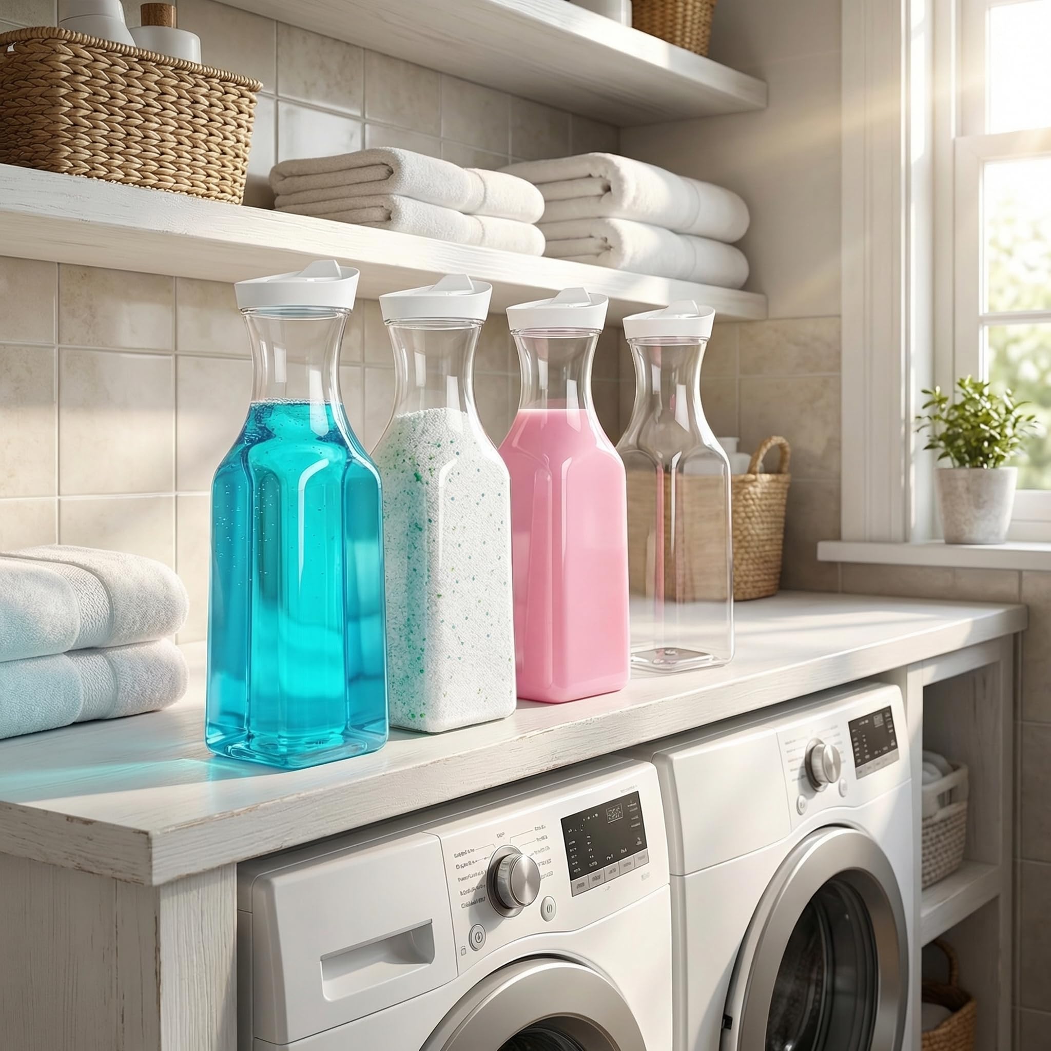 Goaste Paquete de 8 dispensadores de detergente para ropa, botella dispensadora de jabón de lavandería de 54 onzas con etiqueta impermeable, recipiente de detergente líquido, organizador de suavizante