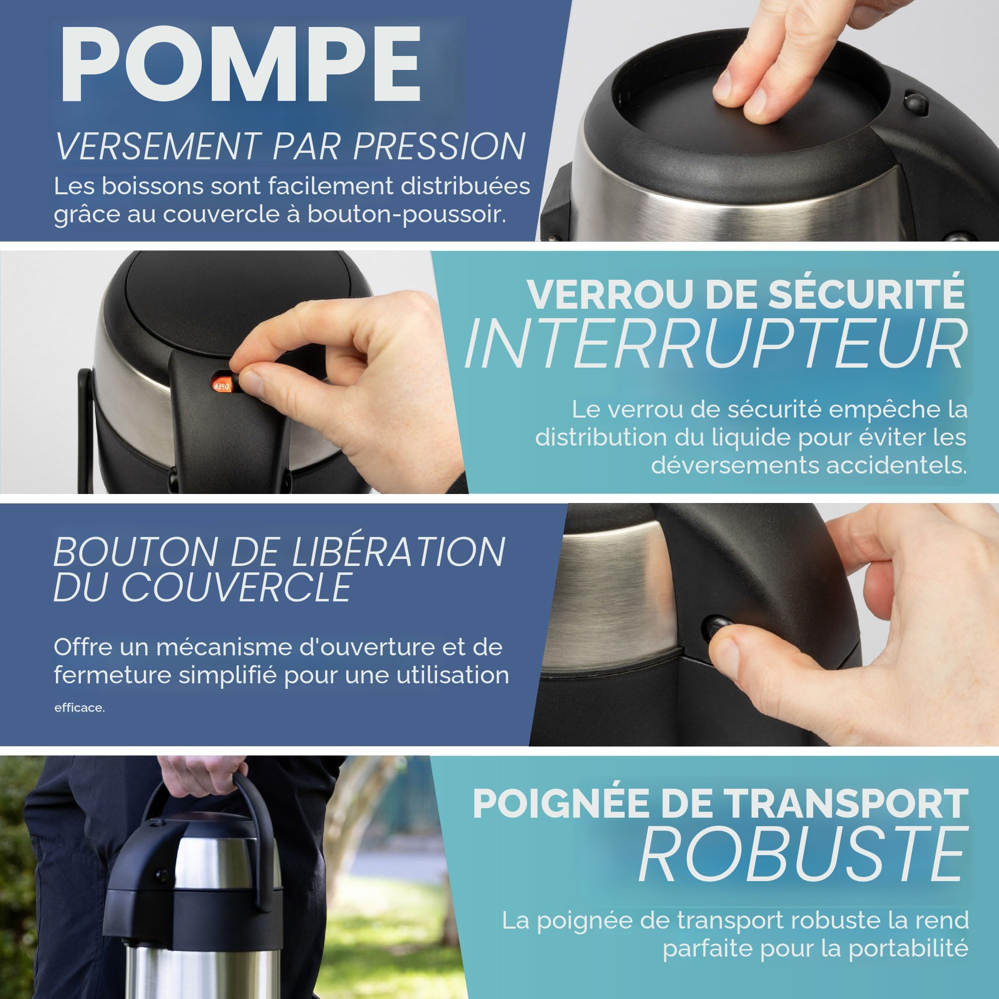 HEFTMAN Carafe à café isotherme - Airpot en acier inoxydable de 3L avec action pompe, isolation à double paroi, carafe à café et thé étanche avec base rotative à 360°, poignée de transport, verrou de