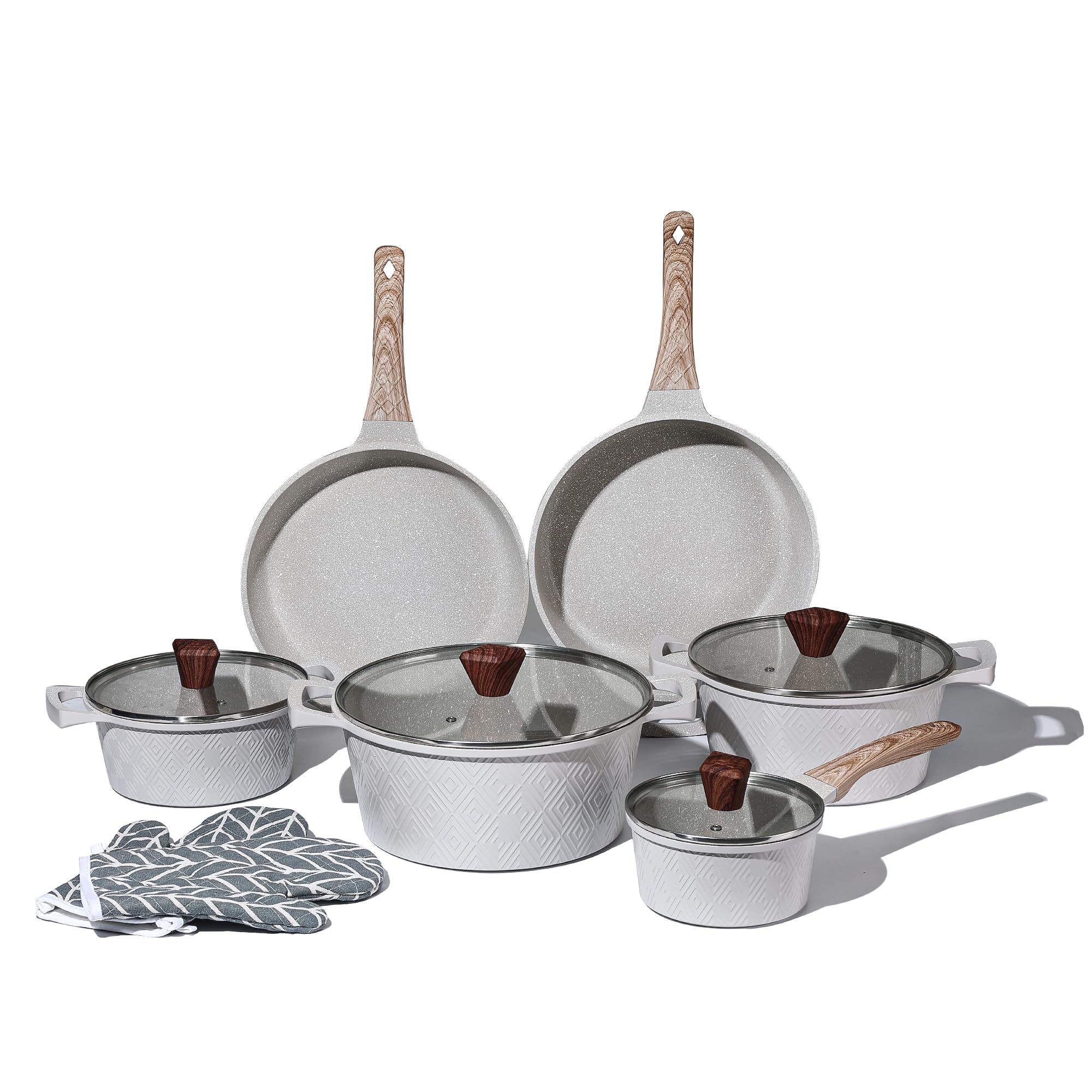 Royal Swiss Batterie de cuisine 12 pièces en aluminium avec revêtement antiadhésif en marbre - Pour induction, gaz, électrique et céramique - Couvercle en verre avec sortie vapeur - Sans PFAS et passe