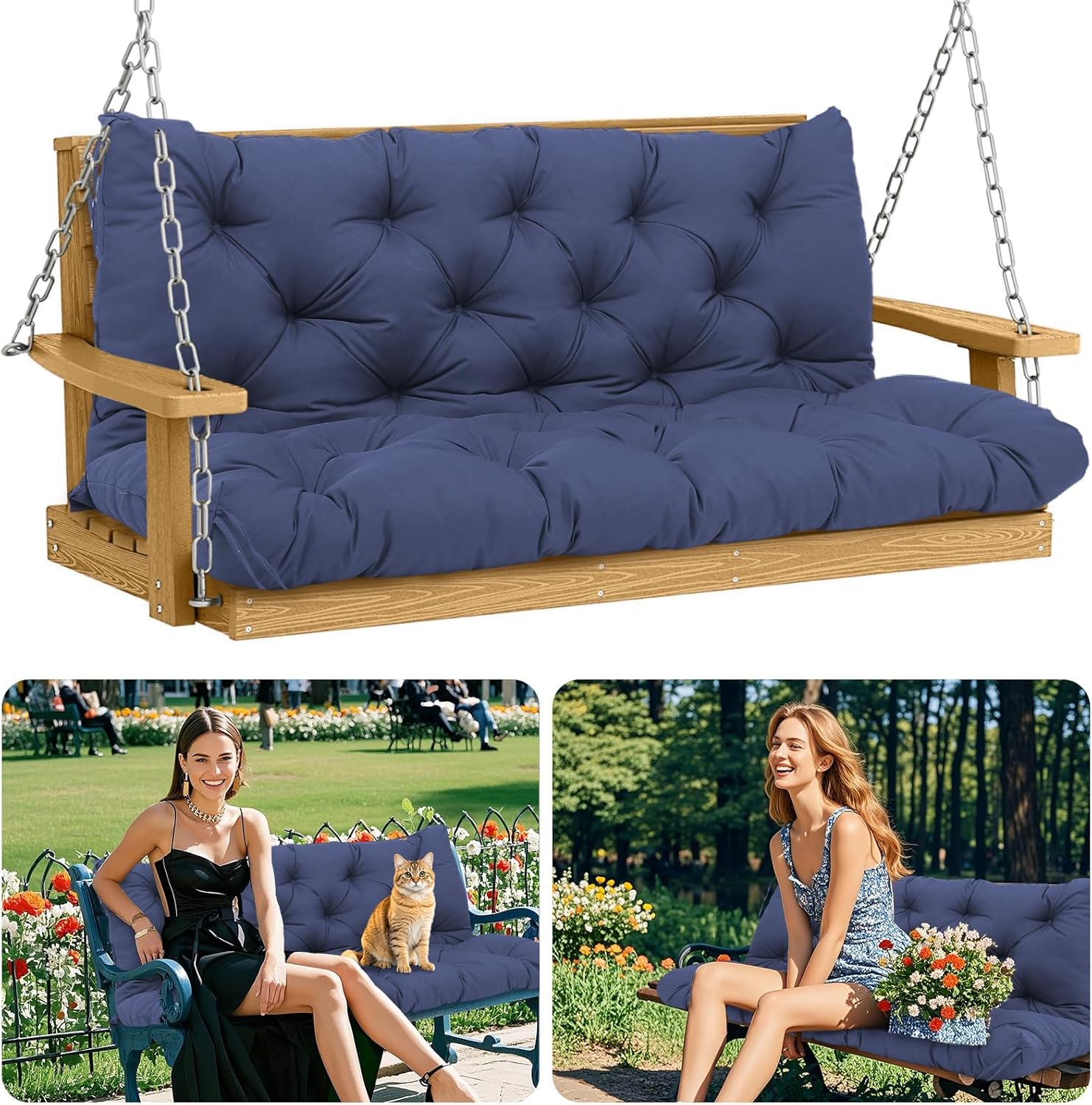 Porch Swing Replacement Cushions with Backrest 60 inch x 40 Thicken 5" Outdoor Waterproof Bench Cushions with Ties 2-3 Seat Outside Furniture Chair Pads for Patio Garden Backyard