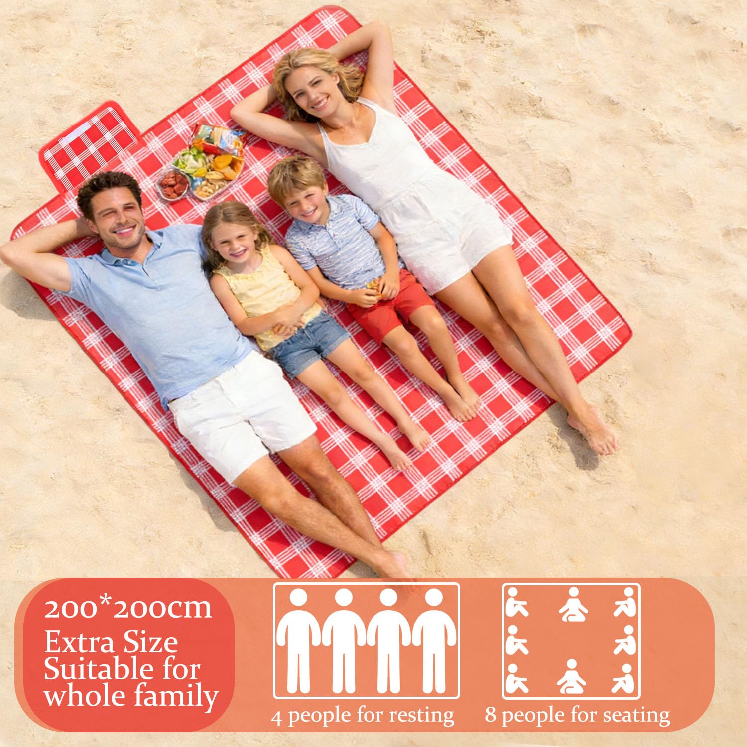 Couverture Pique Nique Impermeable XXL,200x200cm Grand Tapis Pique Nique avec Poignée,Tapis de Plage Portable, Imperméable couverture pique niques,Adaptée Plage Barbecue Parc,Camping Voyage(Rouges) - 5