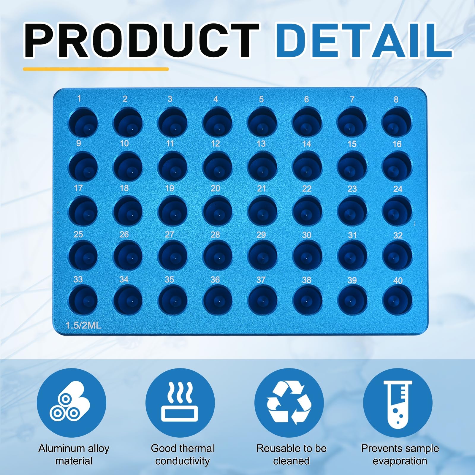 PATIKIL Gradilla Enfriadora De Aluminio Para 40 Tubos De Microcentrífuga, Bandeja Para Placas De Cultivo De Tejidos, Bloque De Enfriamiento Para Tubos De PCR De 50ml, Equipo De