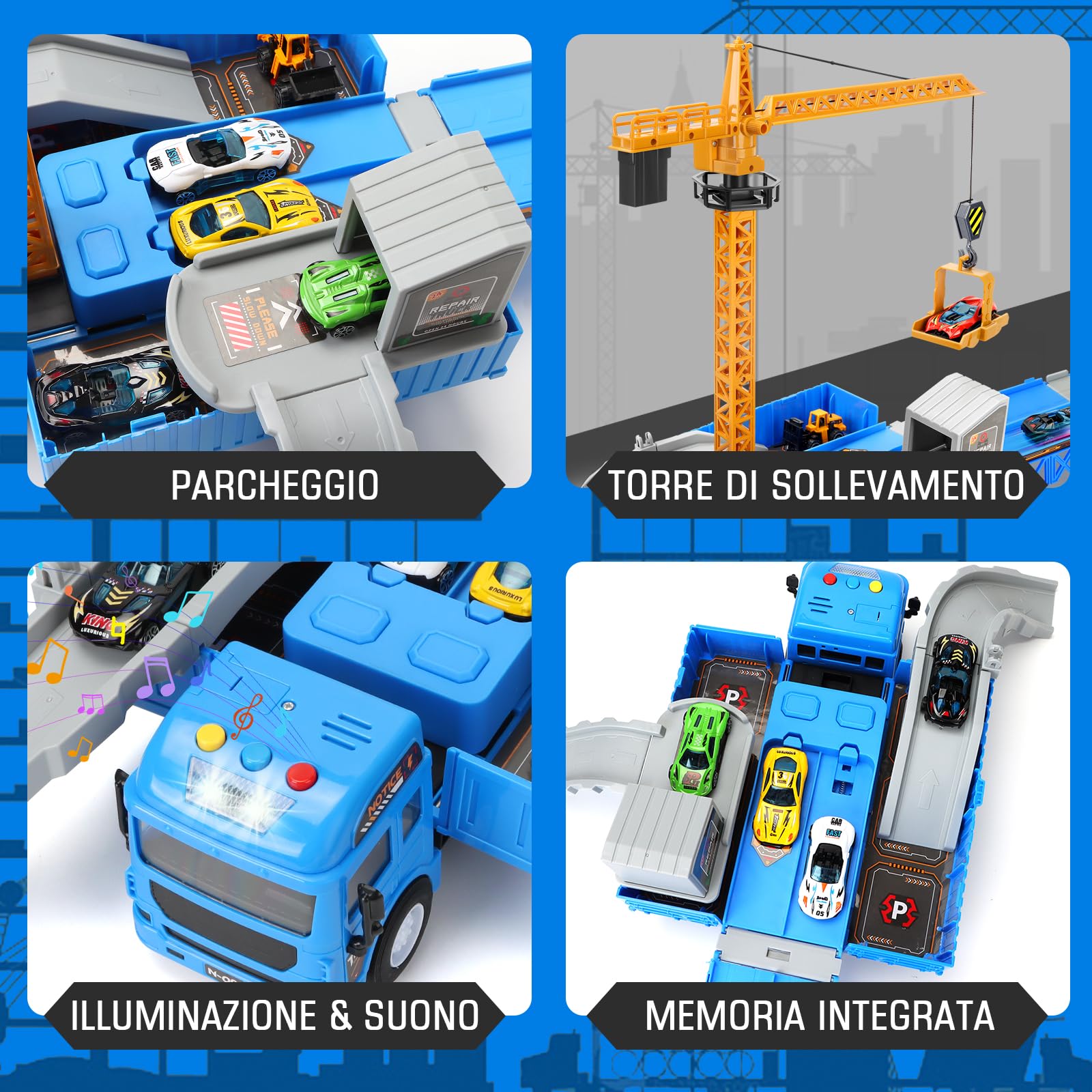 Charmofun Camion Cantiere Giocattolo per Bambini, Camion Set Veicoli da Cantiere con Musica, Luci, Doppia Pista e Torre Gru, Incluse Bulldozer, Trattore, Carrello Elevatore, Rullo, Regalo per 3+ Anni