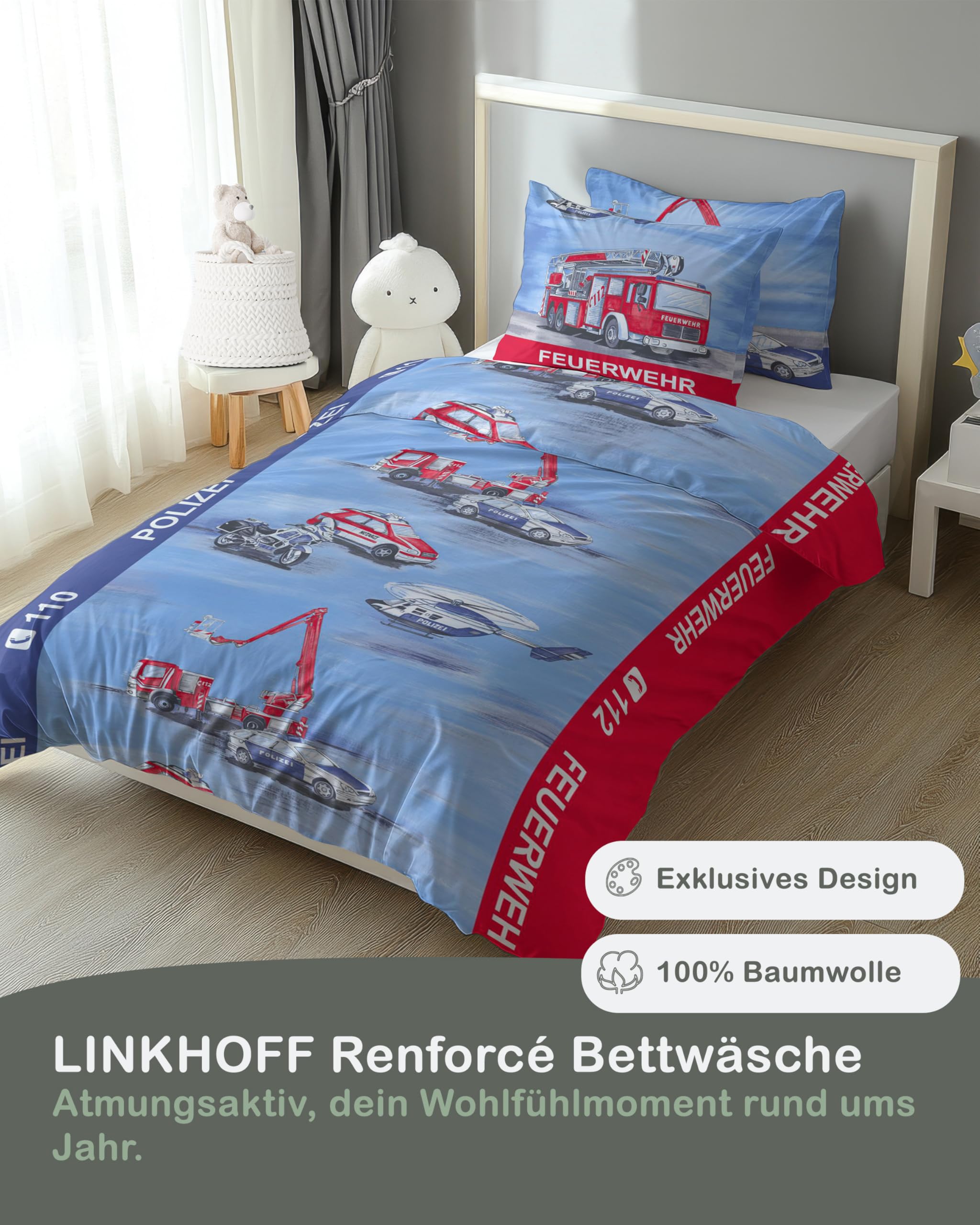 LINKHOFF Parure de lit pour enfants pour 1 personne - 135 x 200 cm - En coton renforcé - Taie d'oreiller 80 x 80 cm et housse de couette 135 x 200 cm