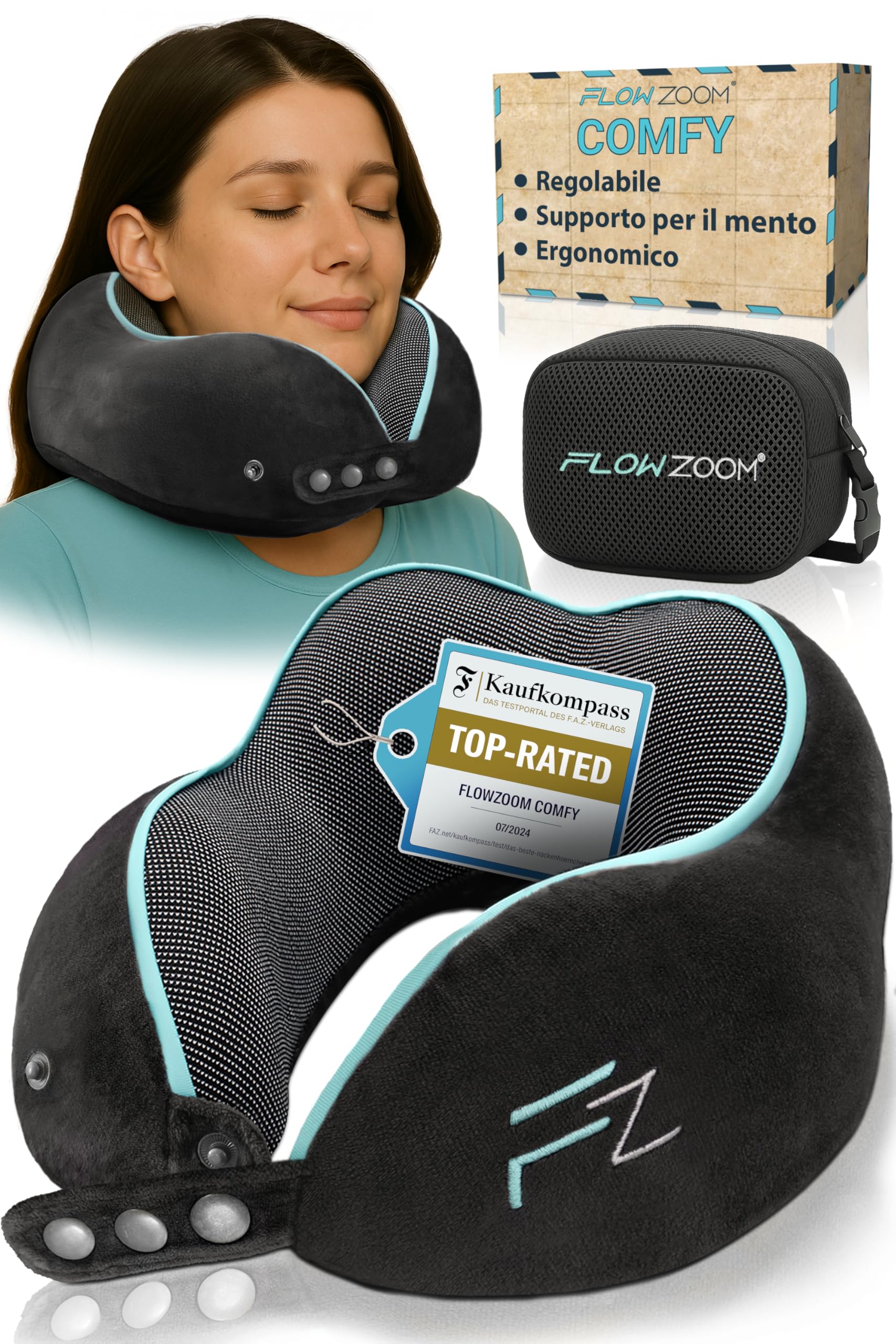 FLOWZOOM Comfy Cuscino da Viaggio per Aereo e Auto – Cuscino per il Collo Regolabile in Schiuma Memory con Supporto a 360°, Fodera Vellutata Lavabile e Sacchetto in Rete per il Trasporto – Nero