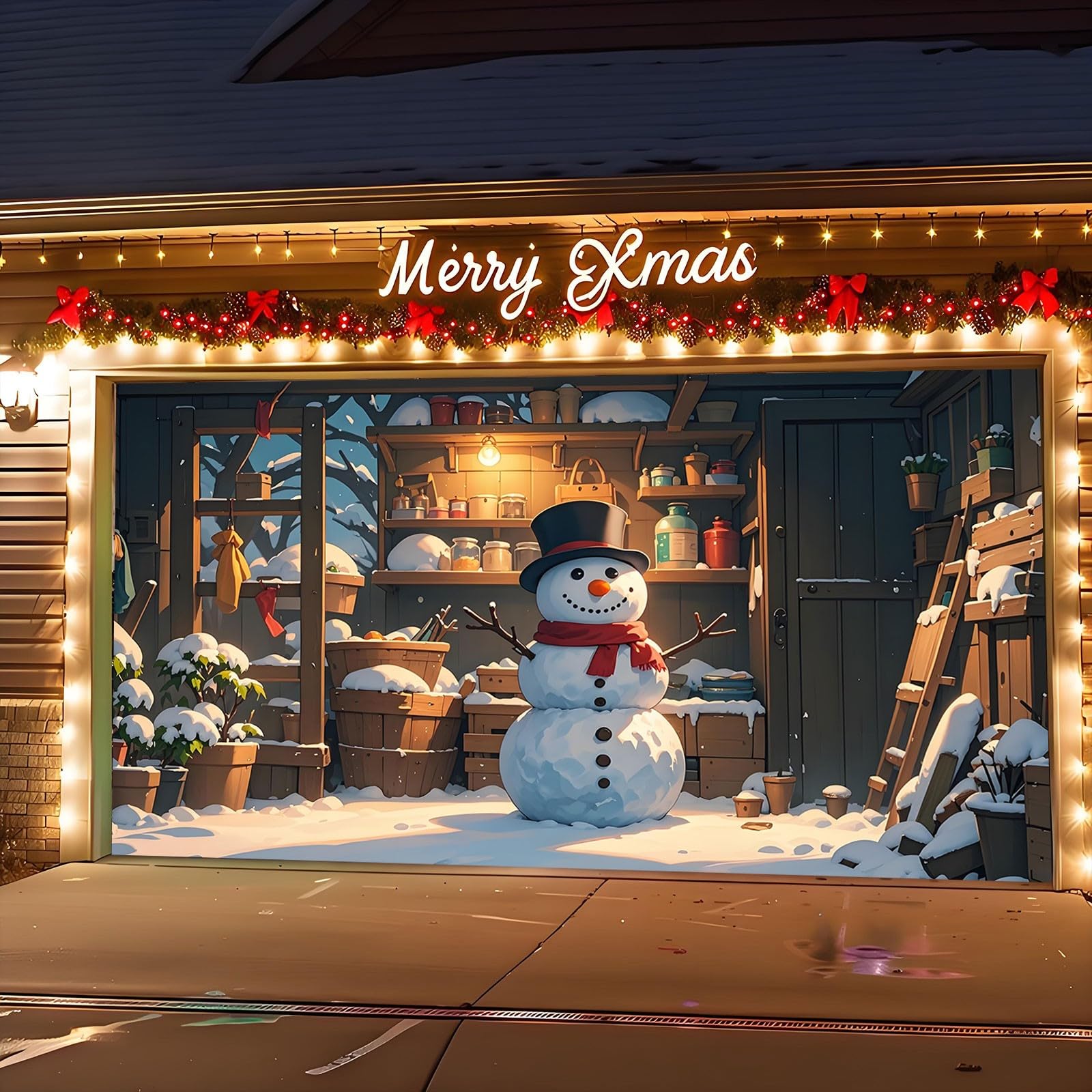 Weihnachts-Garagentor-Banner 3,5x1,8 M – Winterliches Design Mit Schneemann & Schneeflocken – Für Innen & Außen