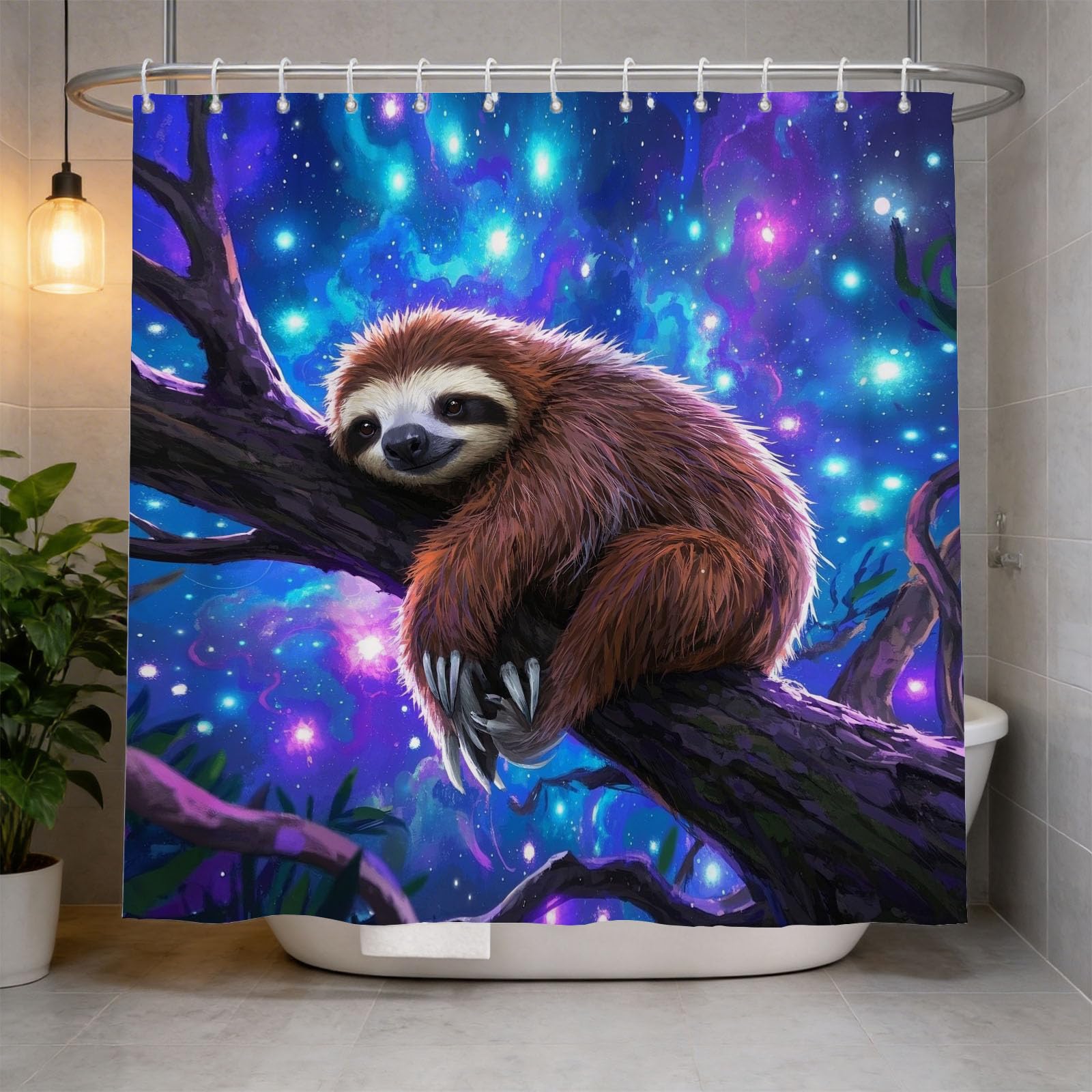 Hongduo 3D Sloth Shower Curtain for Stalls Bathtubs Starlight Bathroom Decor Shower Curtain Set Polyester Fabric Waterproof 200x200cm/79X79 Inch with Hooks