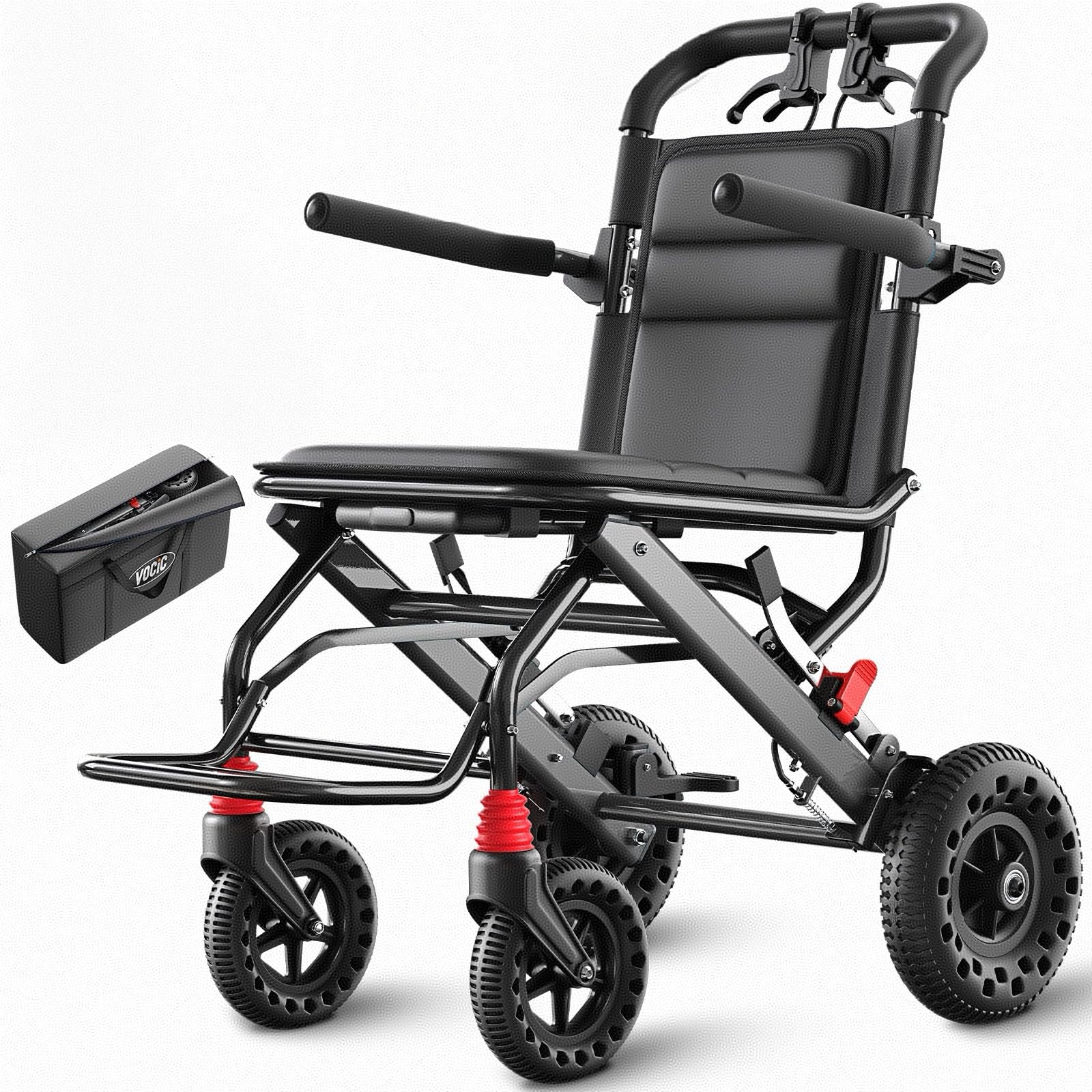 VOCIC U41 Fauteuil roulant pliable léger,8,6KG en Aluminium ultraléger Chaise roulante handicapé,Fauteuil roulant de transport avec pneus Honeycomb 20cm pour tous les terrains (Noir)
