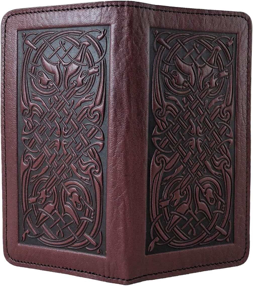 Oberon Design Celtic Hounds Embossed Genuine Leather Checkbook Cover, 3.5x6.5 Inches, Wine, Made in the USA