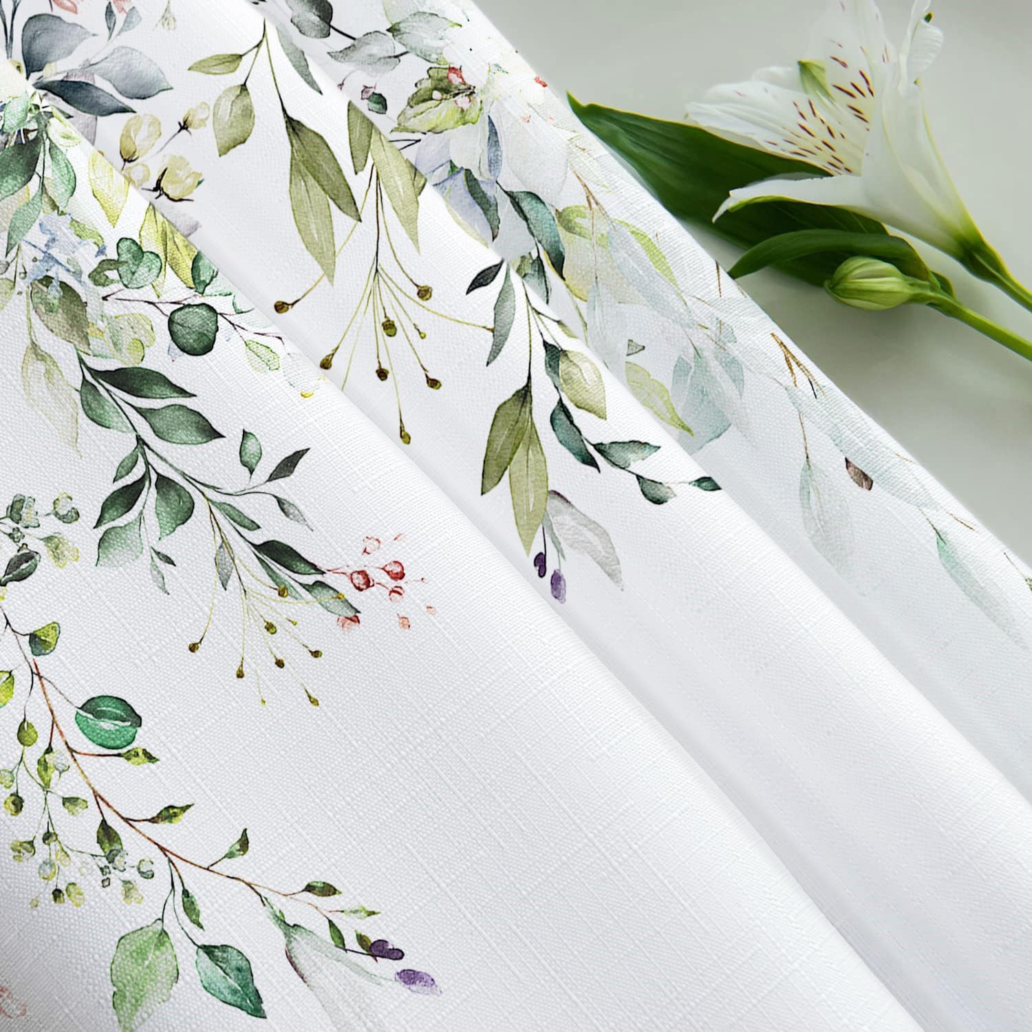 Tititex Sage Green Leaves Faux Linen Textured Shower Curtain, Watercolor Eucalyptus On The Top Plant Bathroom Decoration Shower Curtain Sets 72x78 Inch with Hooks