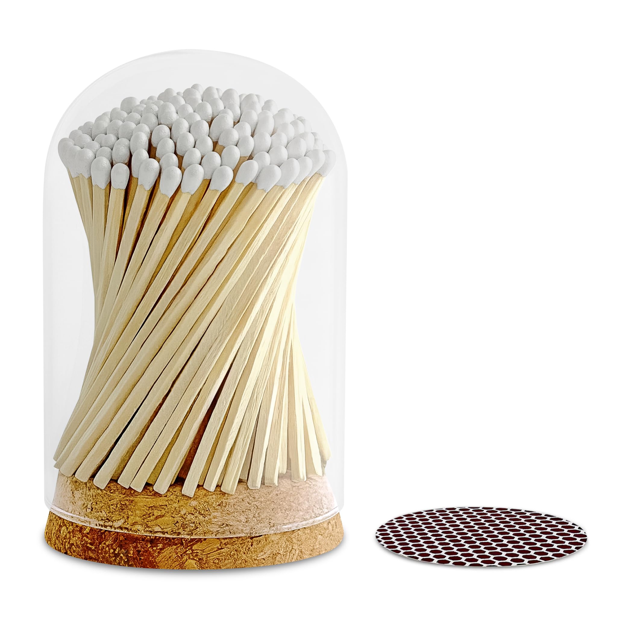 Decorative Matches Large Dome Glass Jar | 4" White Long Matches (150 Matchsticks) + Cork Top Glass Holder + Striker Stickers | Gifts, Décor &amp; Candle Accessories | by Thankful Greetings