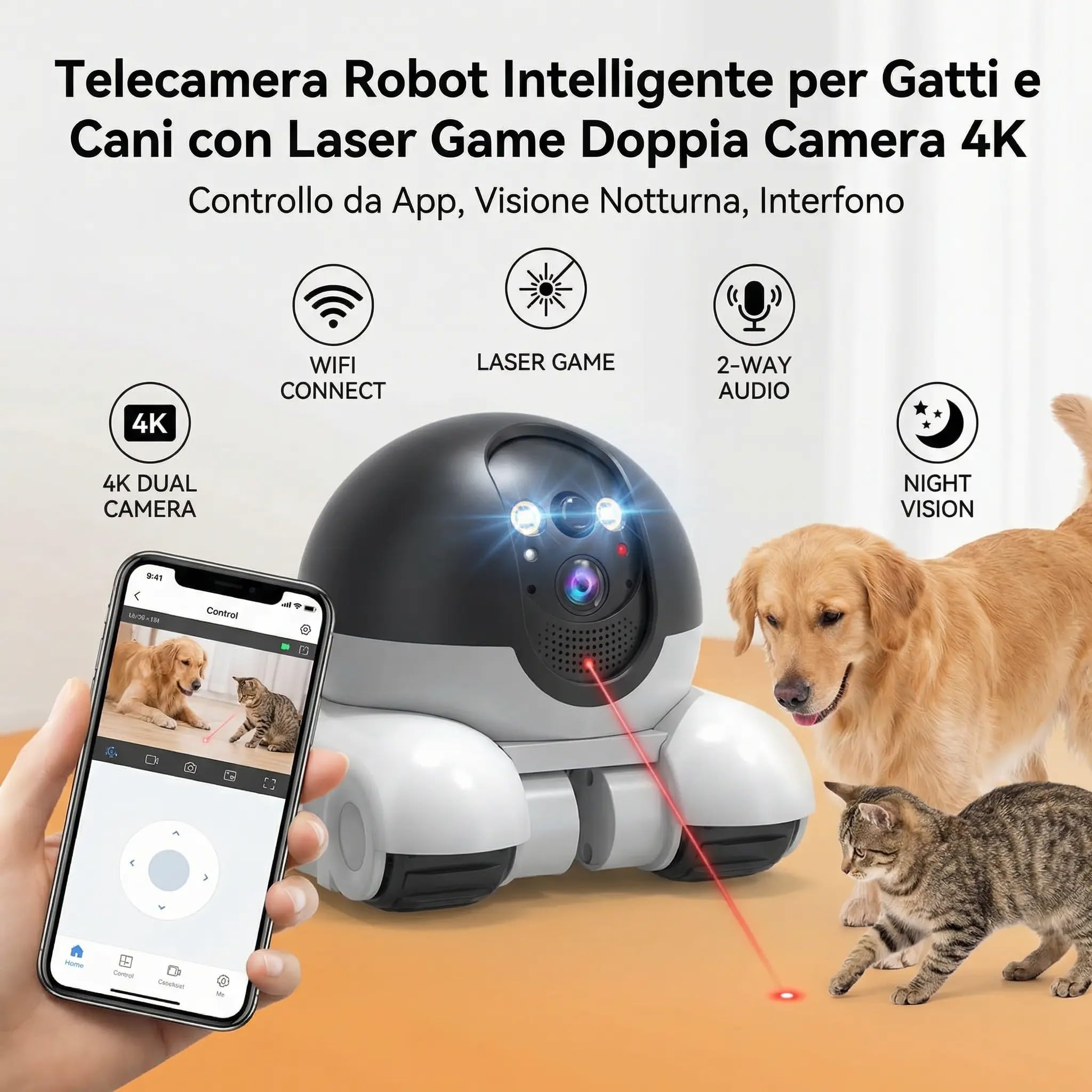 Telecamera Robot Intelligente per Gatti e Cani con Laser Game Doppia Camera 4K - Controllo da App, Visione Notturna, Interfono
