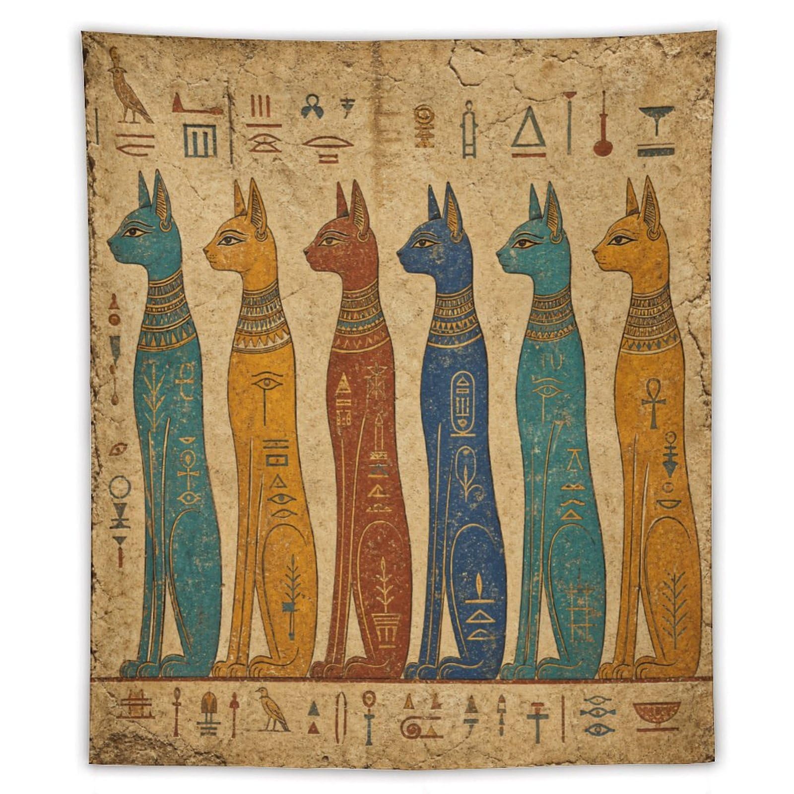 H3B8U2Y5 Egyptian Cat Row Wall Tapestry, Egyptian Papyrus, Ancient Pattern