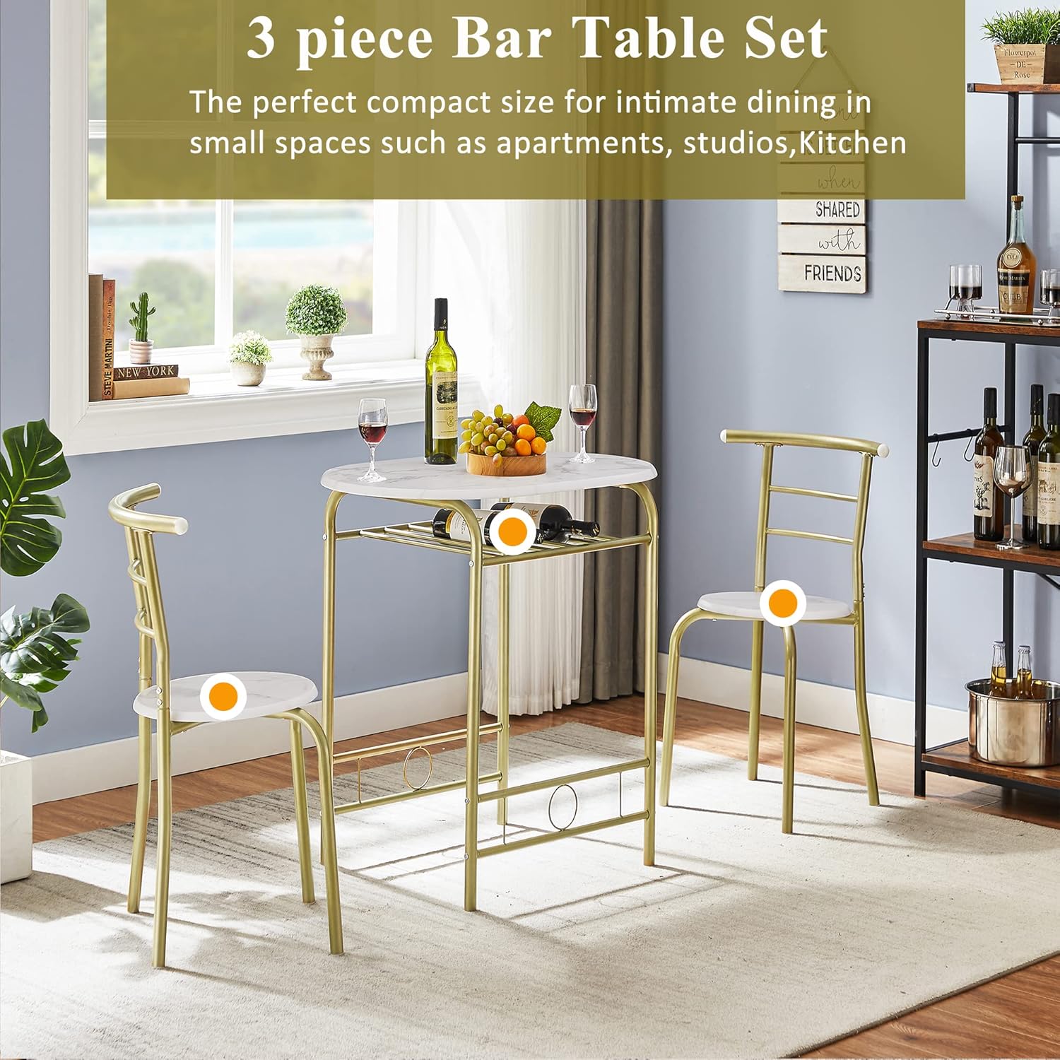 3 Piece Small Round Dining Table Set for Kitchen Breakfast Nook, Wood Grain Tabletop with Wine Storage Rack, Save Space, 31.5", White & Gold