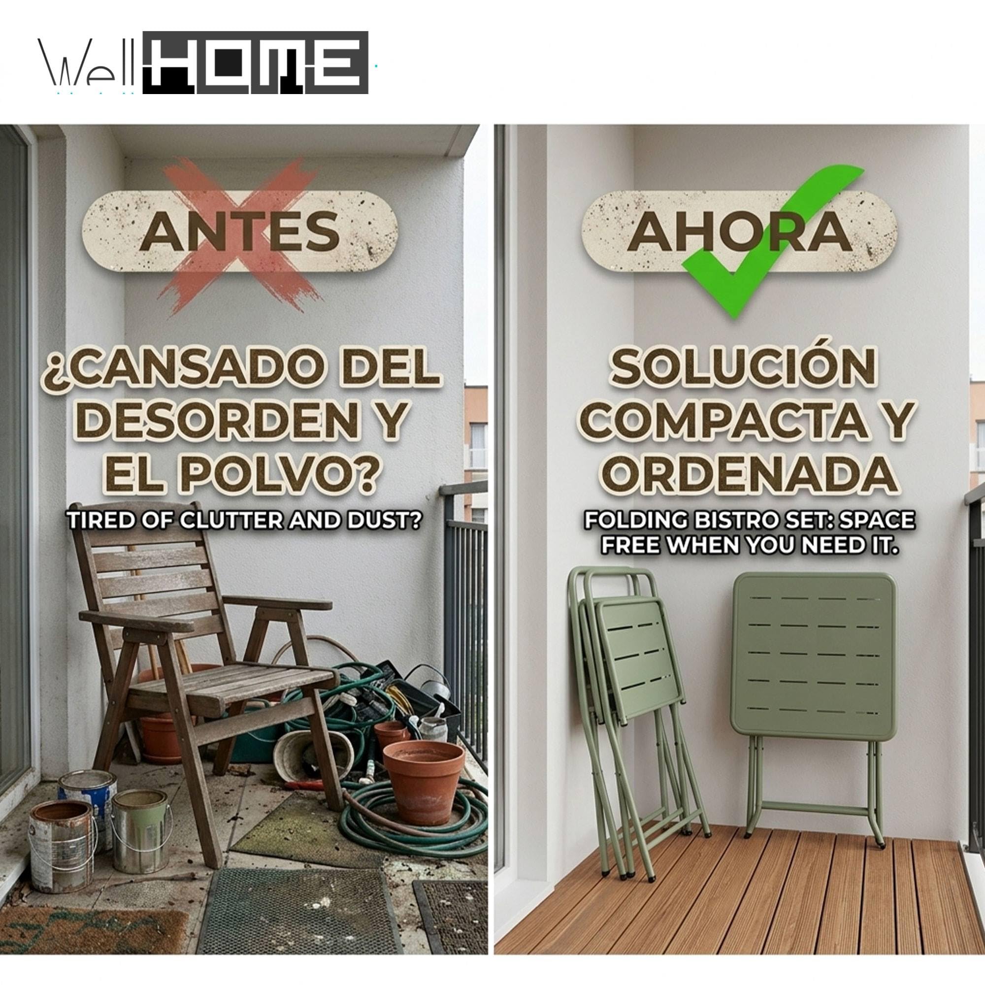 Conjunto Mesa y sillas Jardin terraza Exterior, Plegable: Set Bistro 3Pzs Acero Verde Mate (Mesa 60x60cm + 2 Sillas Plegables) Estructura con Recubrimiento en Polvo-Conjunto Jardín, Terraza y Balcón