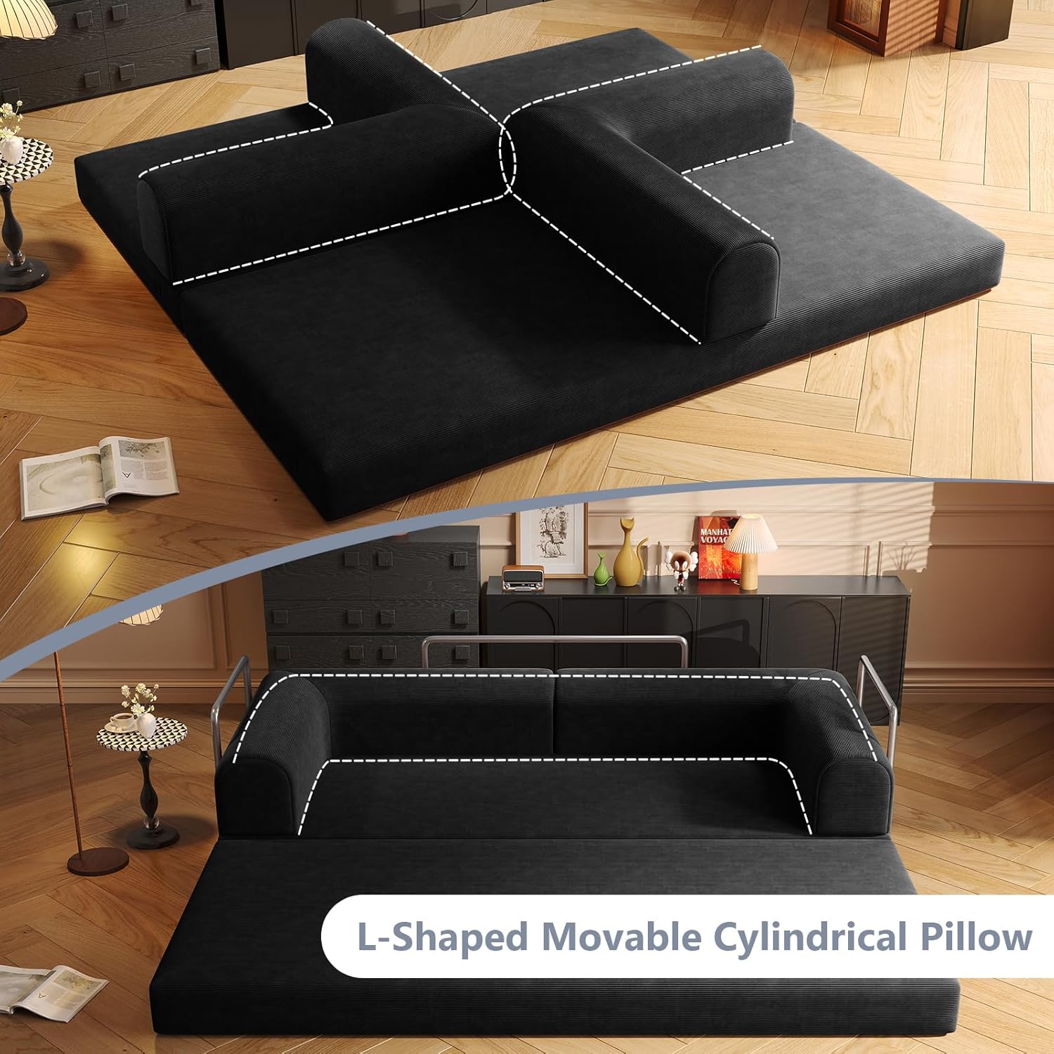 SYFERLORY Boneless Couch Convertible Sleeper Sofa Bed Futon Lounge Chair, Boneless Corduroy Loveseat with Pull Out Bed, Floor Sofa Modular Couch for Living Room Basement Movie Theater Room,Black