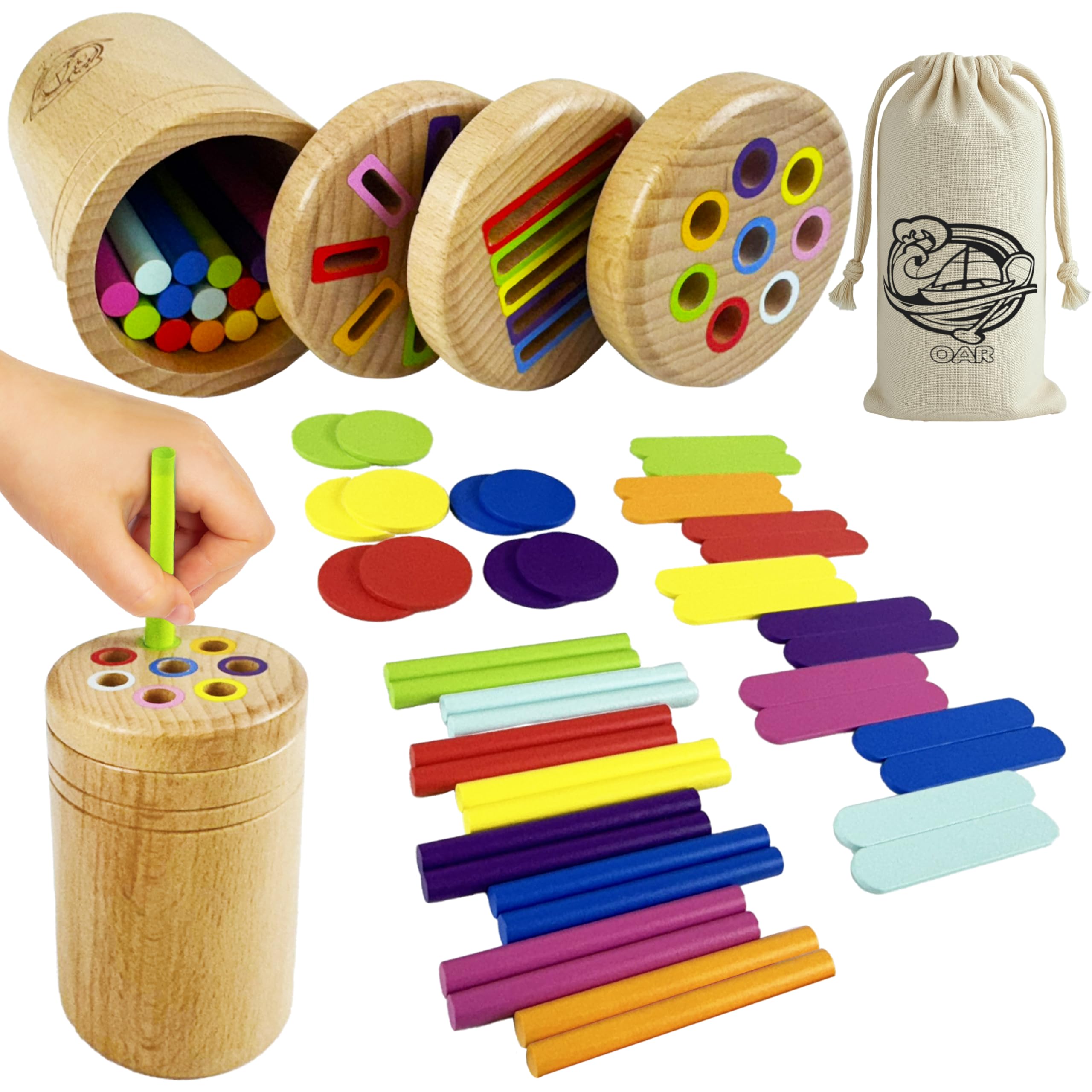 OAR Montessori Toys for Toddlers 1-3 – 3 in 1 Wooden Fine Motor Skills Toy Set | Color Sorting, Coin Drop, Sensory Learning | Educational Beech Wood Toys for Boys and Girls