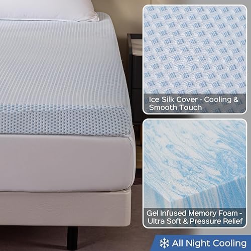 Miniatura 4 de Cubrecolchón de espuma viscoelástica refrescante con infusión de gel con funda de seda de hielo transpirable, protector de colchón suave,