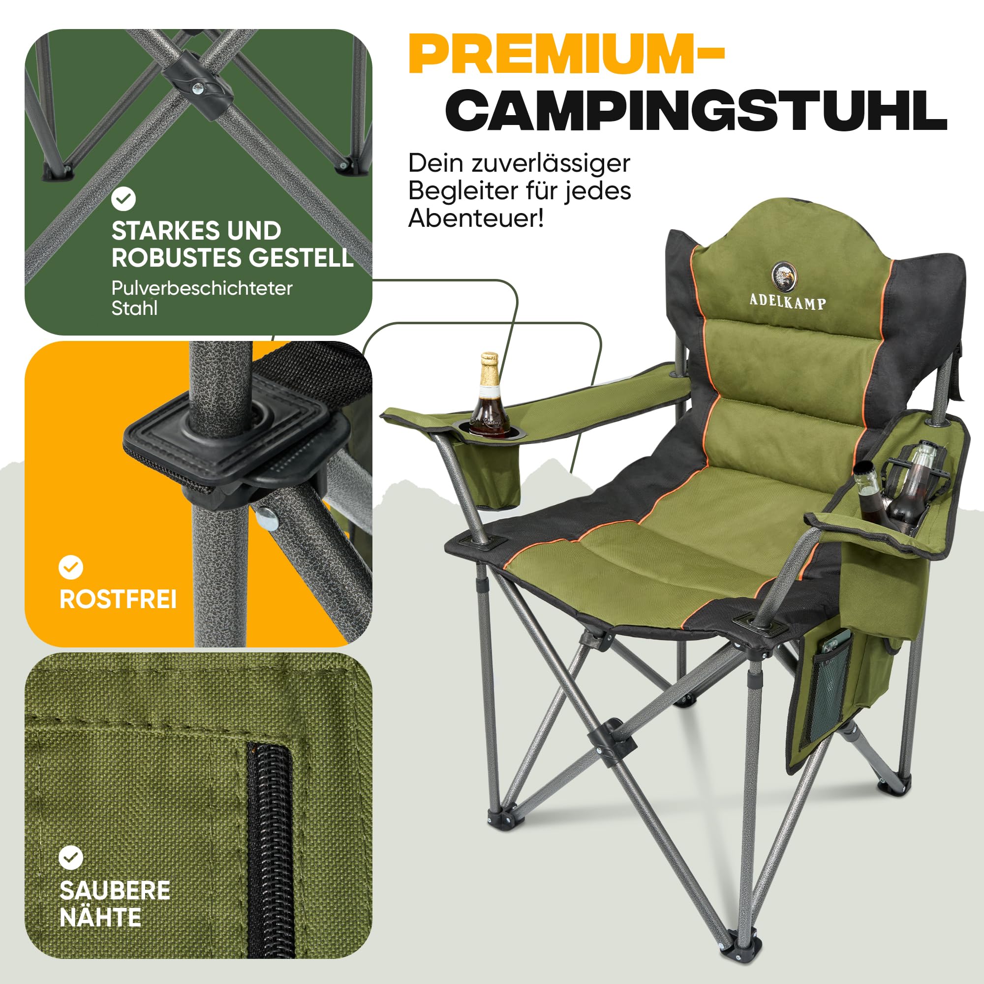 Campingstuhl Faltbar [Dick gepolstert] Ultragroß | Hoher Komfort | 150kg Belastbar | Mit Kühltasche & Getränkehalter – Testsieger 2024, Luxus Premium, Olivgrün