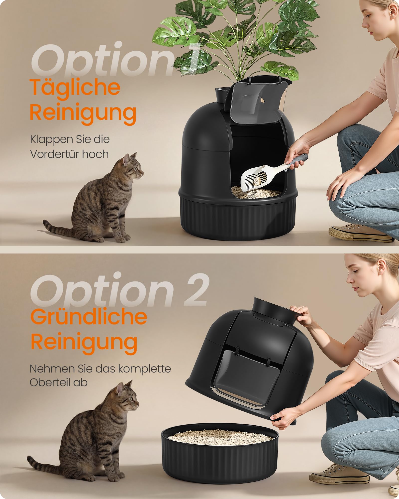 Feandrea Katzenklo Blumentopf, versteckte Katzentoilette, mit künstlicher Pflanze, Tür, geschlossen, Kohlefilter, Geruchskontrolle, Kieselsteinen, Schaufel, Bürste, tintenschwarz PPT006B101