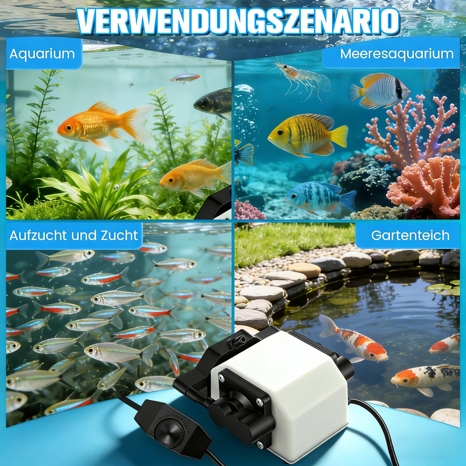 25W Pompa per Acquario con 6 Uscite, Aeratore Acquario Silenzioso fino a 3300L/H, Ossigenatore per Acquario Regolabile per Grandi Acquari, Laghetti da Giardino e Idrocoltura, Pompa Aria Potente