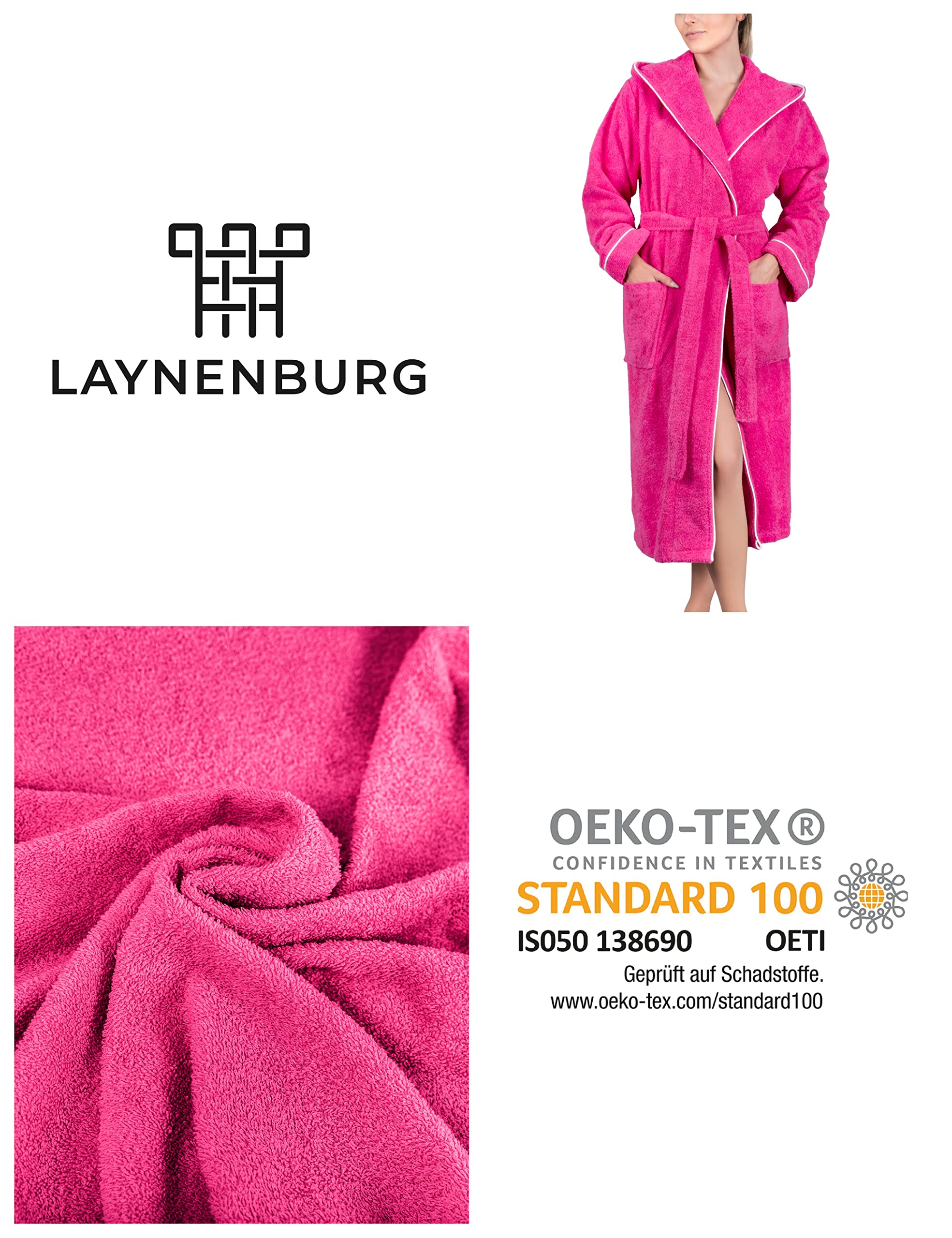 LAYNENBURG Albornoz de Señora - Capucha - largo - 100% Algodón (360g/m2) - OEKO TEX Standard 100 - Tallas S, M, L, XL, XXL, 3XL
