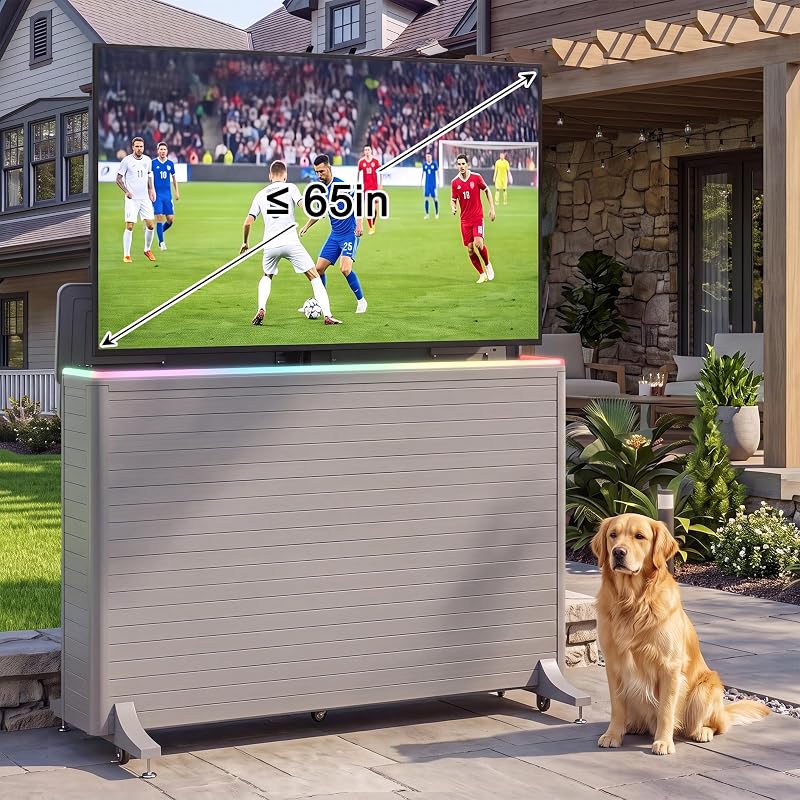 High-Grade Wood-Plastic Composite Outdoor TV Lift Cabinet, Mobile TV Stand on Wheels, Weatherproof Motorized TV Lift Stand, Hidden TV Enclosure for 32-65 Inch Flat Screen TVs