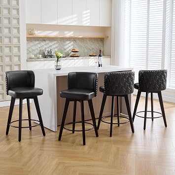 Swivel Bar Stool Set of 4, Faux Leather Low Back Counter Height Bar Stools, 27.5" Upholstered Tufted Counter Barstools with Wood Legs for Kitchen Island, Home Bar Black