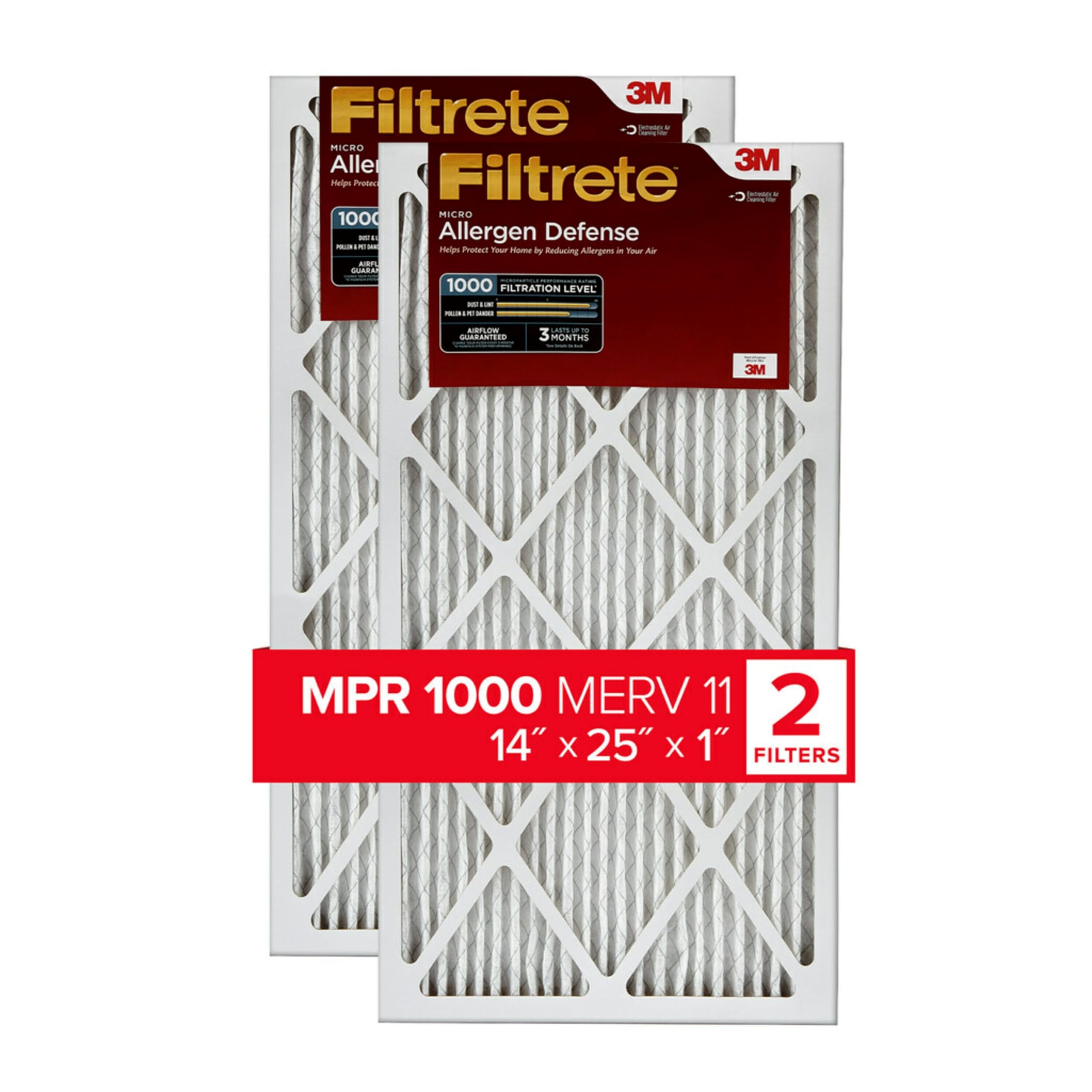 Filtrete 14x25x1 AC Furnace Air Filter, MERV 11, MPR 1000, Micro Allergen Defense, 3-Month Pleated 1-Inch Electrostatic Air Cleaning Filter, 2 Pack (Actual Size 13.781 x 24.781 x 0.84 in)