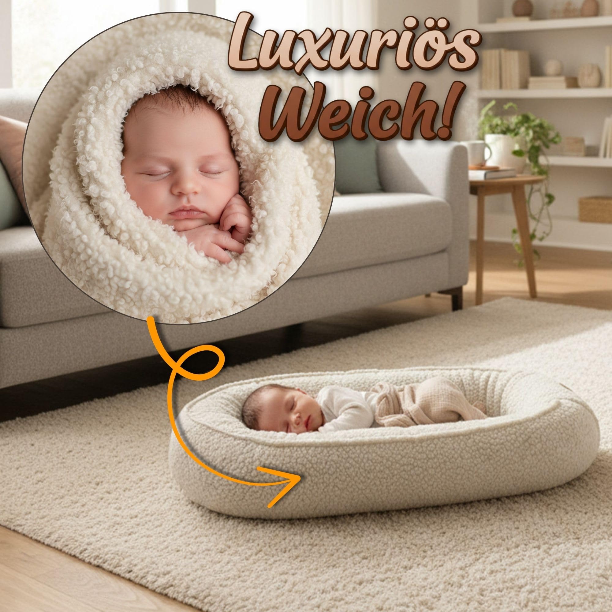 Babynest Nestchen Baby aus Teddy Plüsch 90x50 cm - Babynestchen Neugeborene Nest für Kinder Bett und Babybett tragbar Kuschelnest Coccon für Jungen und Mädchen Cremefarben