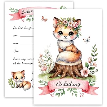 E&G Klasse 10 x Children's Invitation Cards Invitation Children's Birthday Fox Party Forest Animals Watercolour Girls Boys Birthday Party Delicate Pink Birthday First Day at School