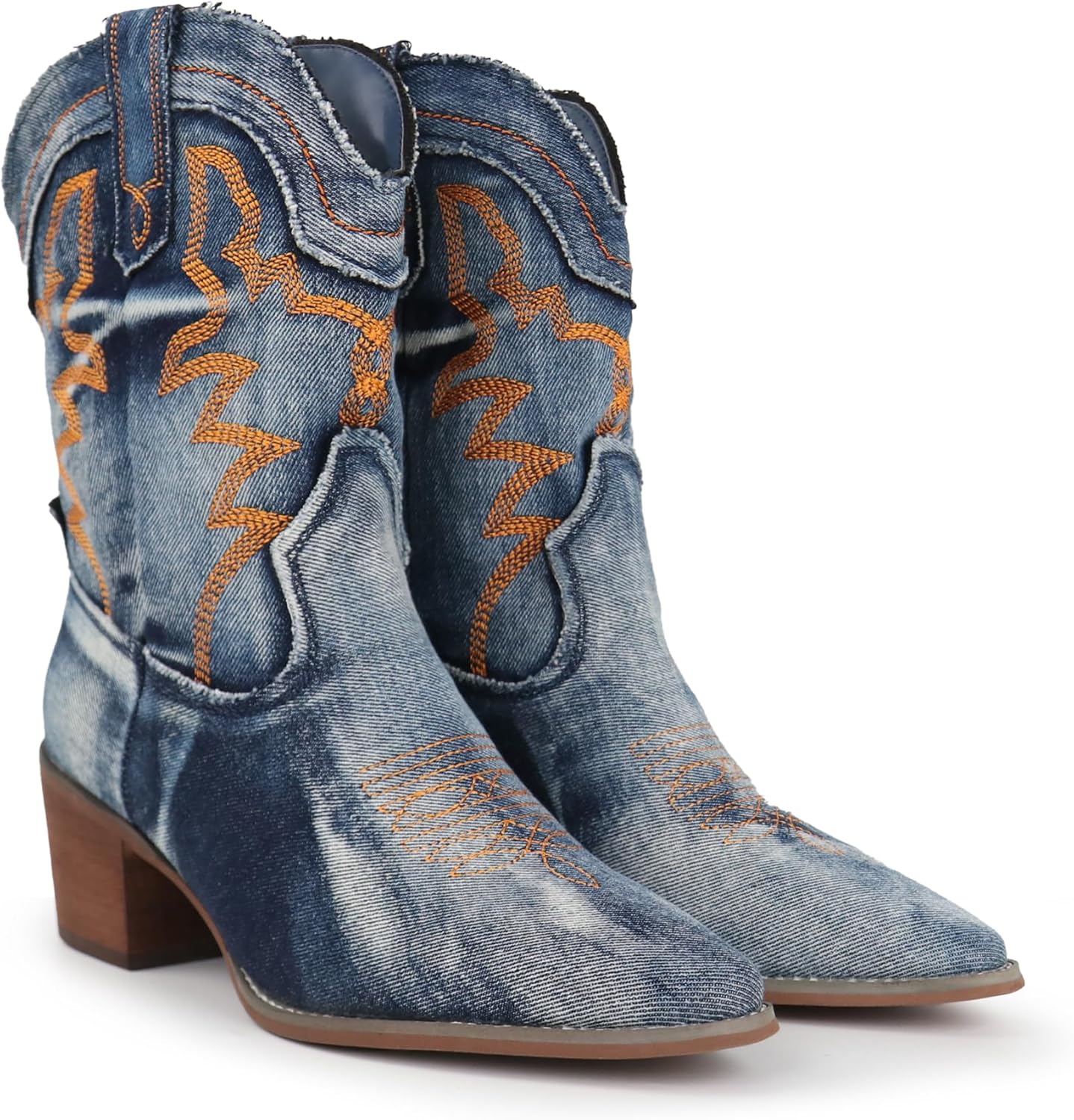 Hawkwell Women's Embroidered Stitched Rodeo Boots Pointed Toe Chunky Block Heel Classic Pull On Cowgirl Ankle Western Booties - Image 6