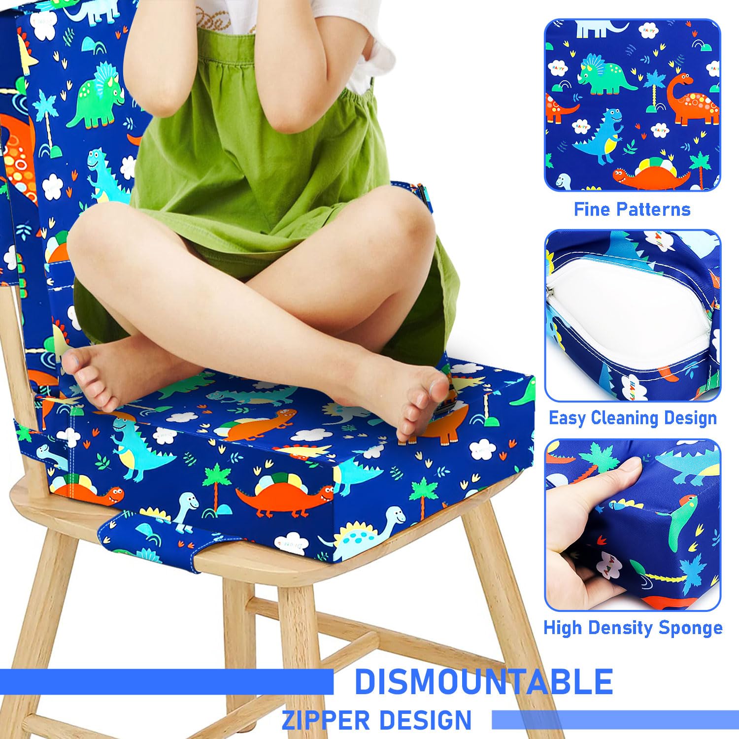 Sitzerhöhung Stuhl Dicken Booster Sitze Wasserdicht Mit Sicherheits Schnalle Anti Rutsch Boden Waschbar Weich Kinder Esstisch Rückenlehne Tragbare Reise Erhöhen Kissen(Double Dinosaurier Blau)
