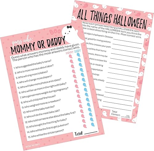 Pink Little Boo Baby Shower Juegos de fiesta - Adivina quién mamá o papá y todas las cosas juego de Halloween (paquete de 2 juegos) - 20 cartas