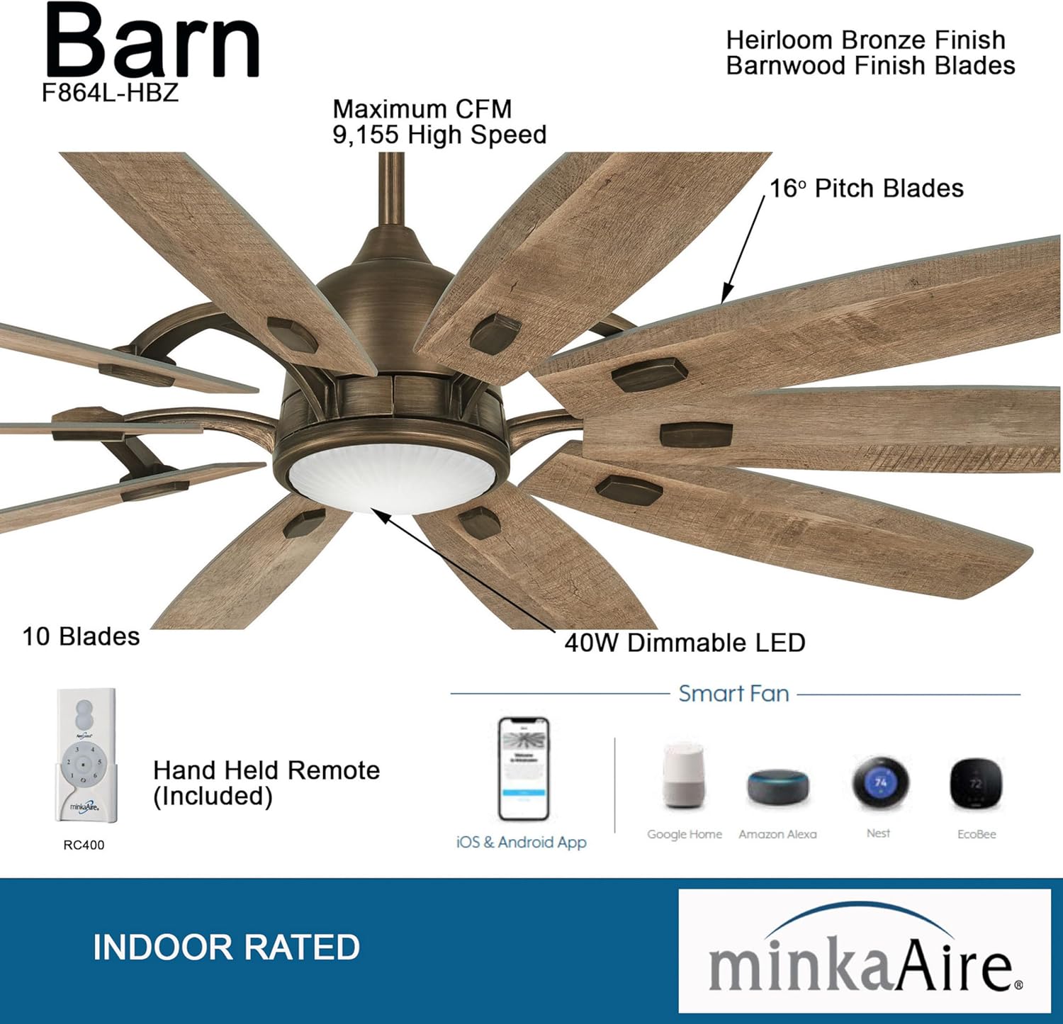 MINKA-AIRE F864L-HBZ Barn 65 Ceiling Fan with LED Light and DC Motor, Brown Heirloom Bronze Finish