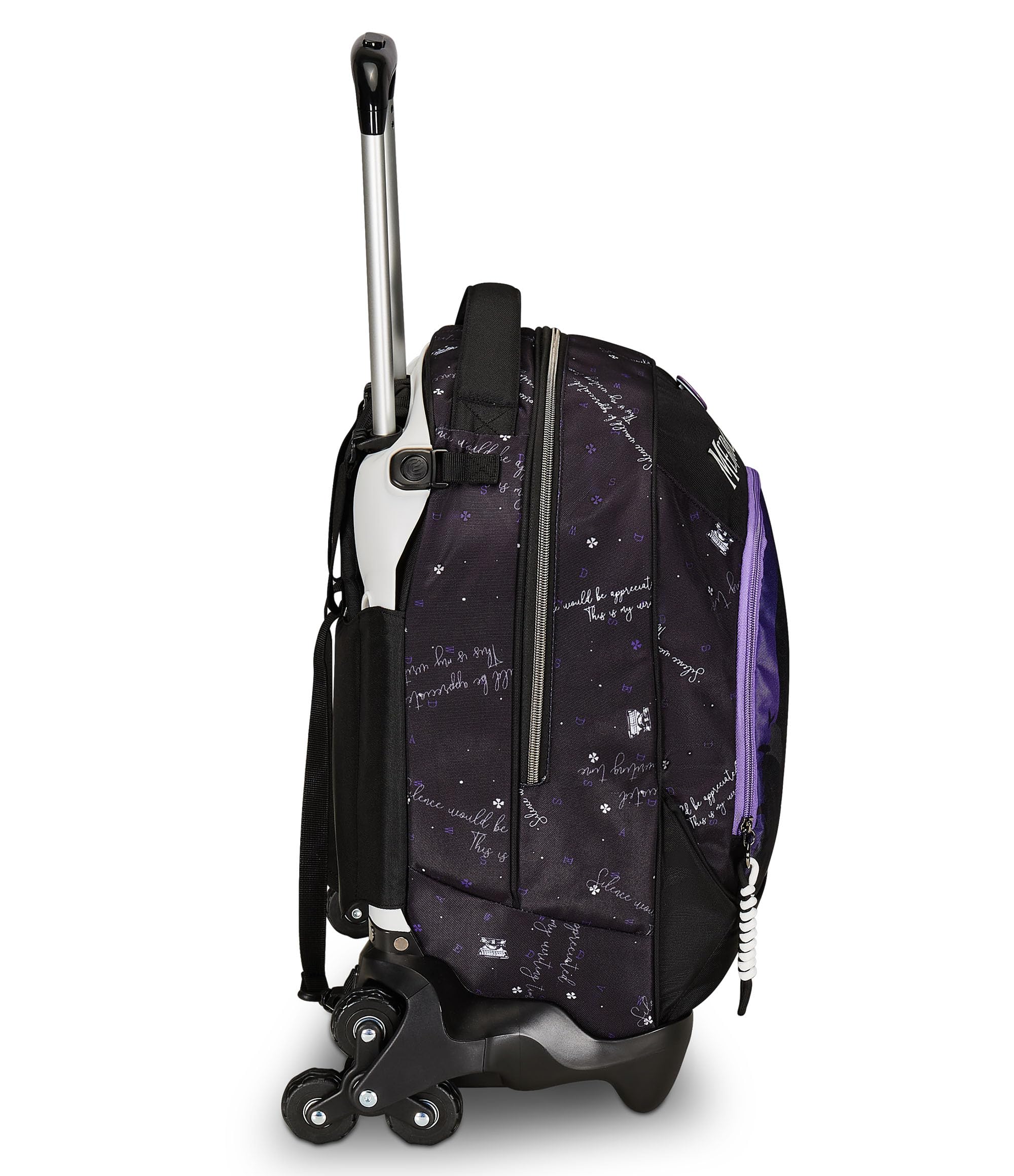 Seven Trolley Scuola Jack 3 Ruote, MERCOLEDÌ - BE THE STRANGE YOU WANT TO, Nero Viola - 3 in 1, Triplo Uso, Zaino Con Carrello Sganciabile, Tasca Porta Borraccia, Zaino Scuola Ragazza