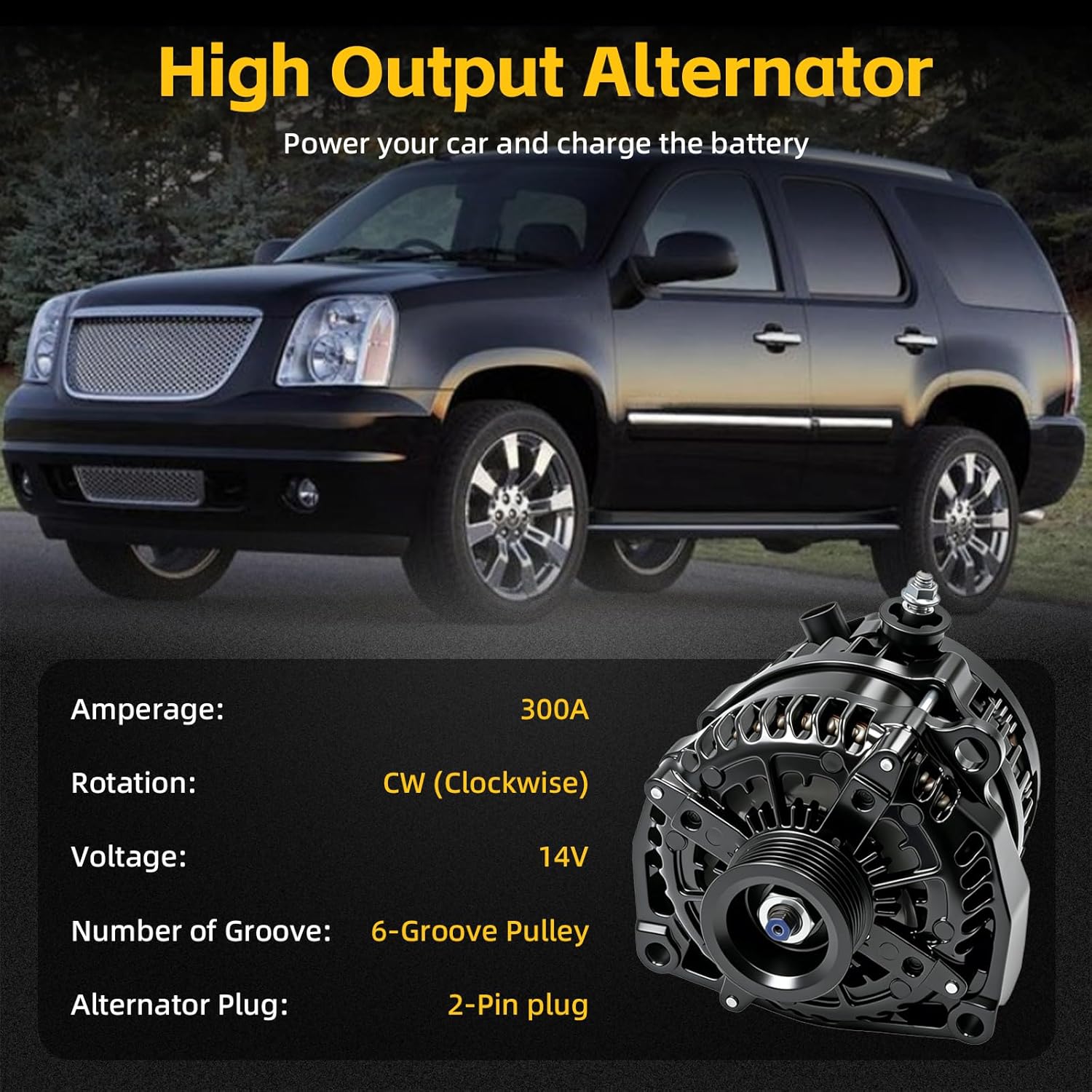 15093928 300 AMP 14V High Output Alternator With Pulley Fit for Chevy Silverado 1500 2500HD 3500HD, Avalanche Suburban Tahoe, GMC Sierra Yukon XL, Cadillac Escalade Hummer H2 2007-2014#15093929