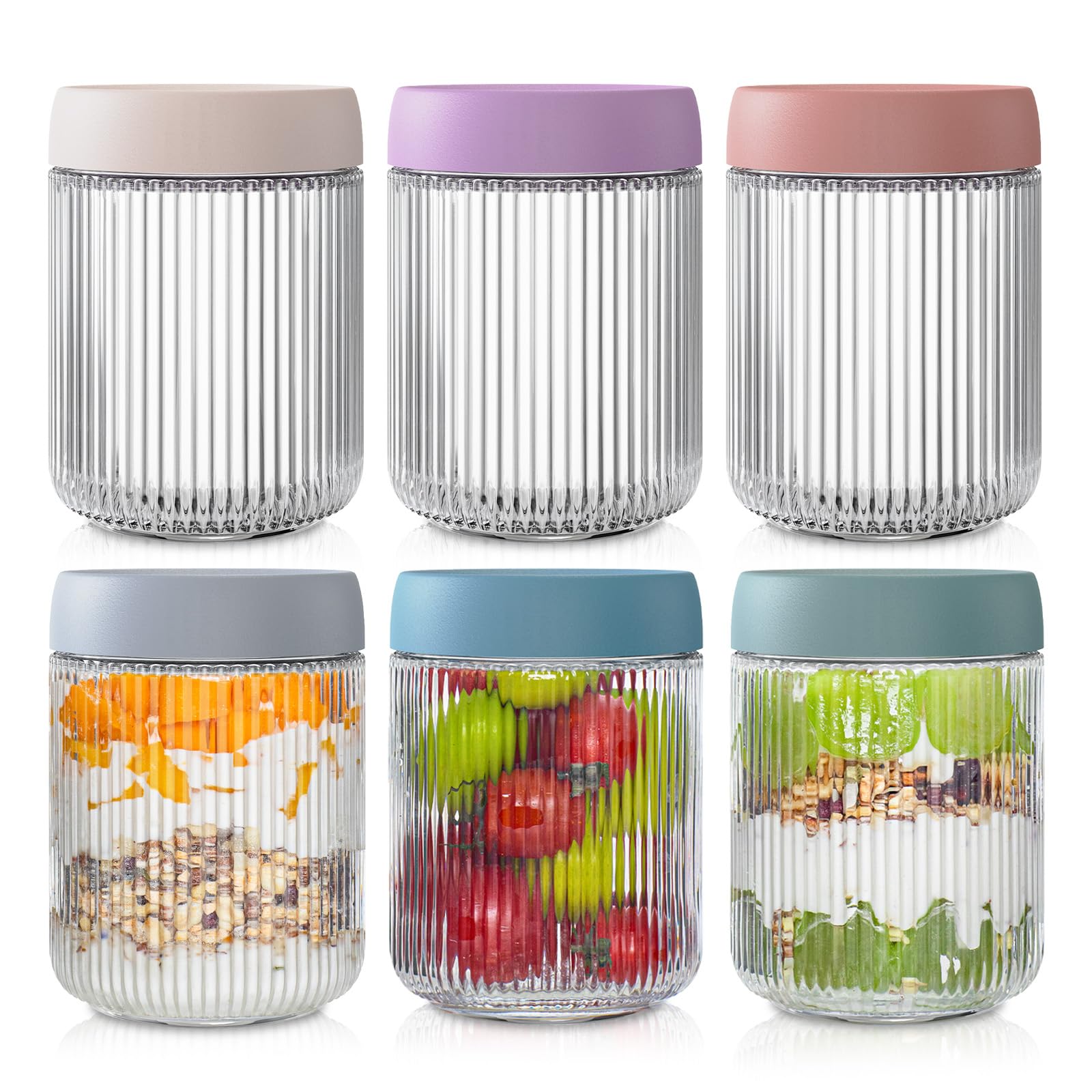 INSETLAN 6 Pack Glass Overnight Oats Jars Leakproof, 500ml Ribbed Overnight Oats Container with Lids for Homemade Yogurt Oatmeal Salad Jam