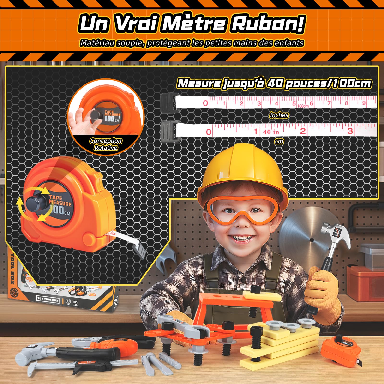 Charmofun Mallette à outils pour enfants avec tronçonneuse, perceuse électrique et meuleuse d'angle, jeu de rôle, jouet à partir de 3, 4, 5, 6, 7, 8 ans, garçons et filles (50 pièces)