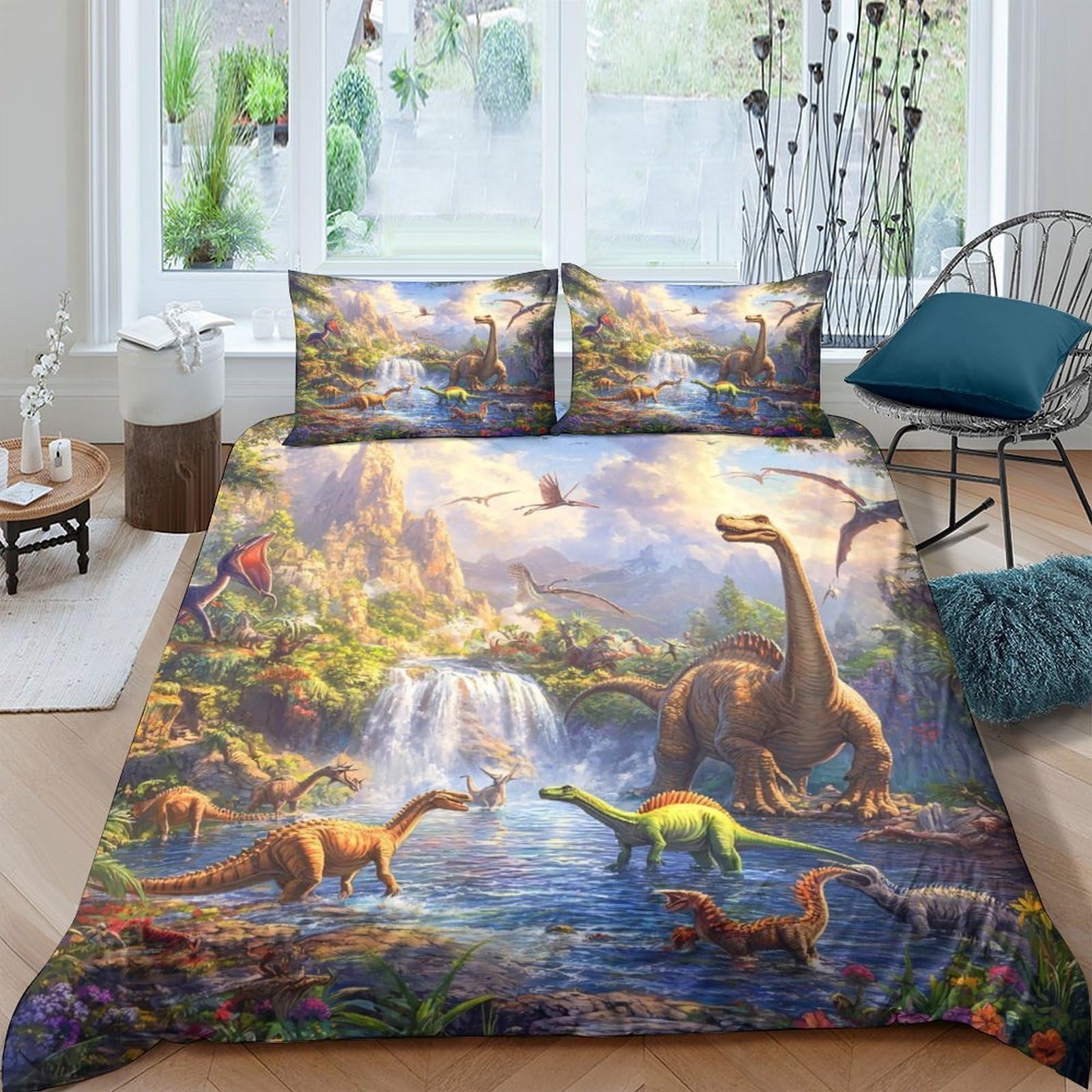 Ctjqhvkz Style-6 3D Printed Dinosaur Forest Fitted Sheet Microfiber Soft Easy Care Jurassic Lake Bed Cover For Bedroom Guest Room Decor Single（135X200cm）