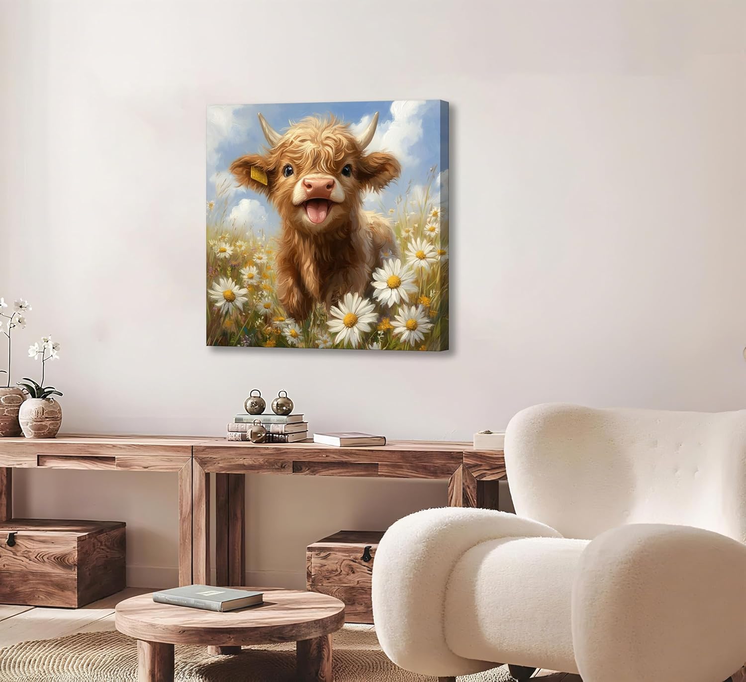 Highland Cow Baby Daisies Canvas Wall Art Cute Little Highland Cow Wall Decor Picture Fascinating Animals Poster Print for Bedroom Children's Room Nursery Artwork Home Decoration 20x20in