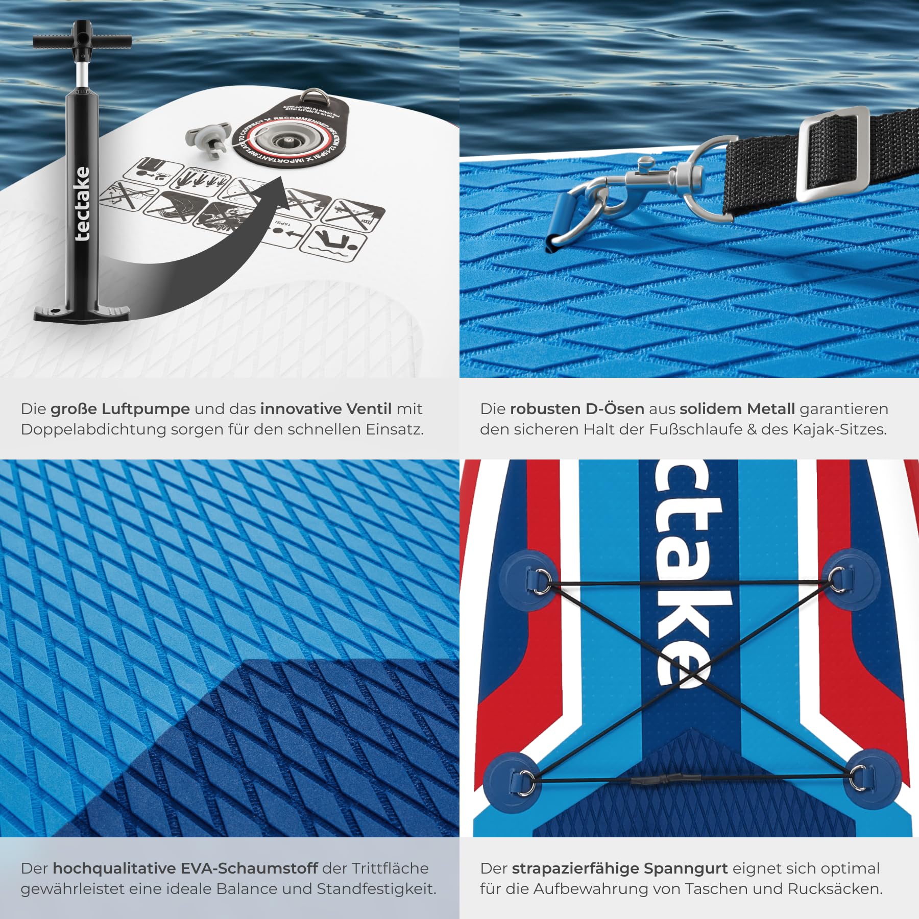 tectake® 2in1 Stand Up Paddle Board, mit Sitz als Kajak nutzbar, SUP aufblasbar, mit Pumpe, 3 Finnen, Rucksack, Doppelpaddel, Paddel, komplettes Zubehör, bis 200 kg belastbar - rot/blau
