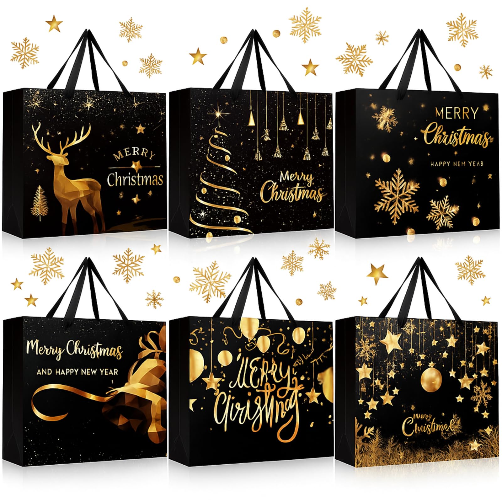 Epakh Lot de 24 sacs cadeaux de Noël en papier noir et doré avec poignées, feuille métallique Merry 32,6 x 27,9 cm, sacs à friandises de fête de Noël en vrac pour cadeaux de vacances, fournitures de
